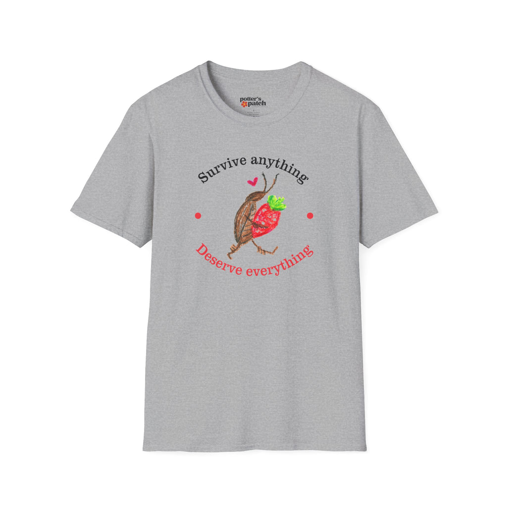 T-Shirt — "Survive Anything, Preserve Everything" Strawberry & Cockroach Bug Illustration