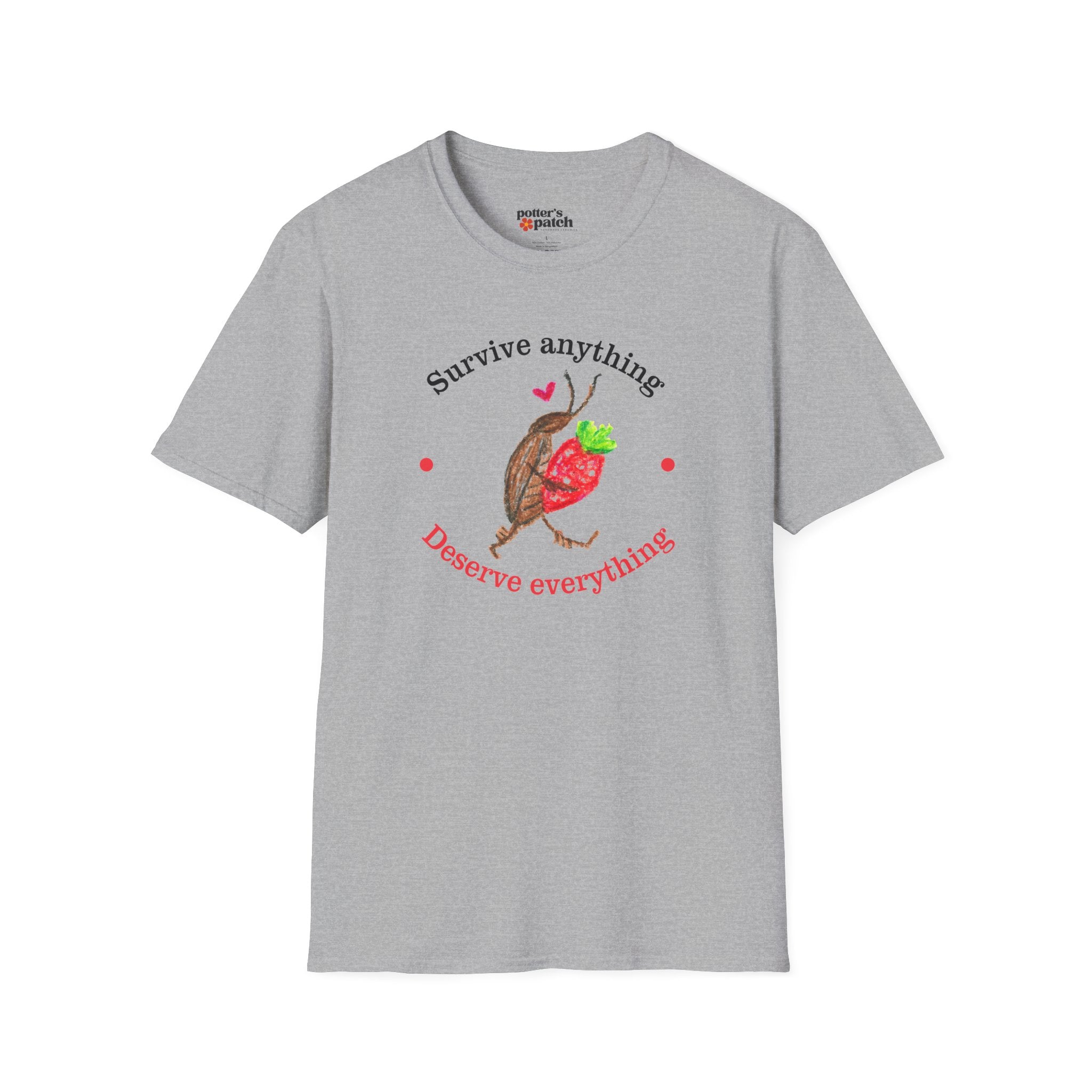 T-Shirt — "Survive Anything, Preserve Everything" Strawberry & Cockroach Bug Illustration