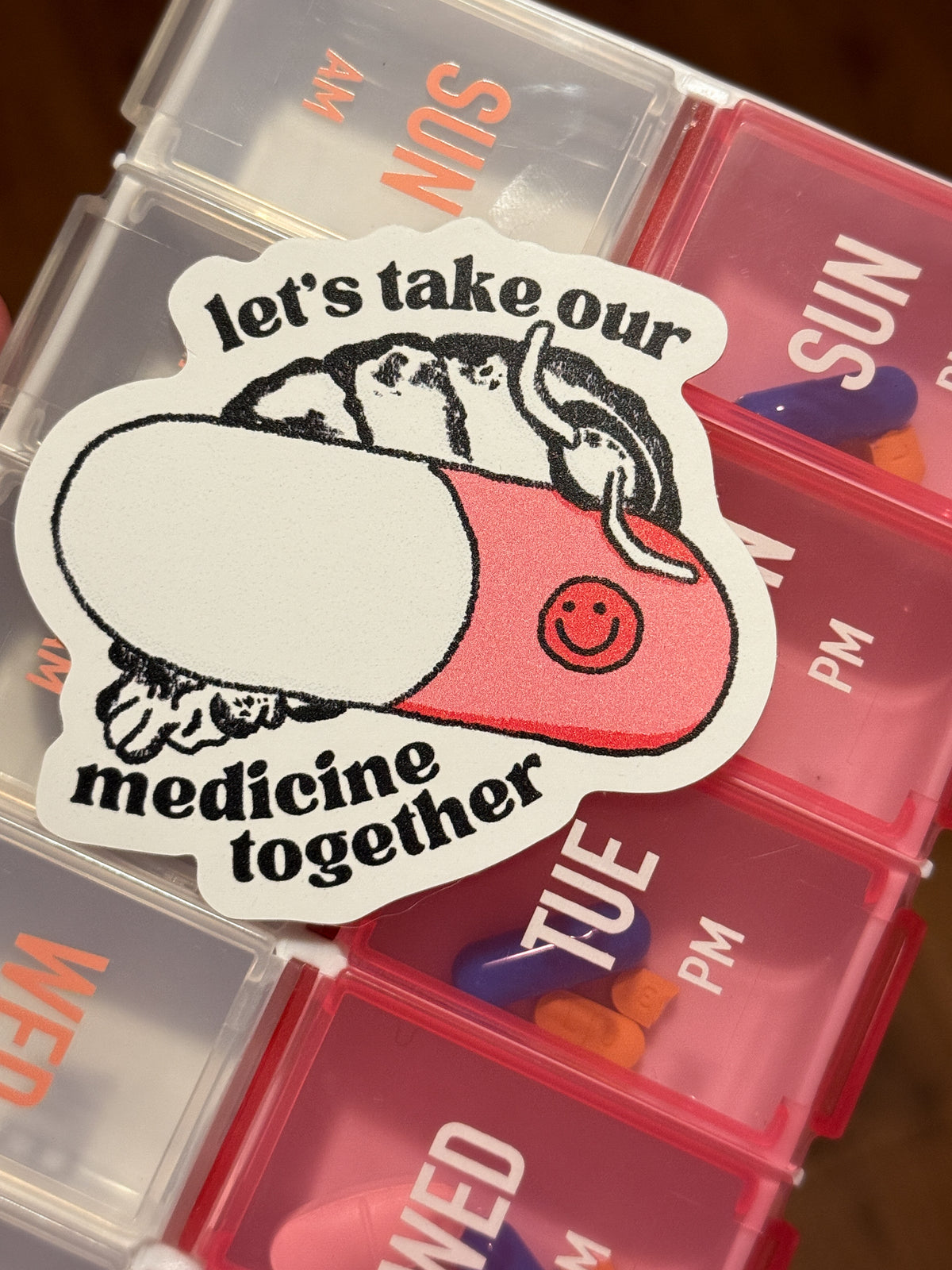 Isopod Pill Reminder Die-Cut Sticker Pink “Let’s take our medicine together”