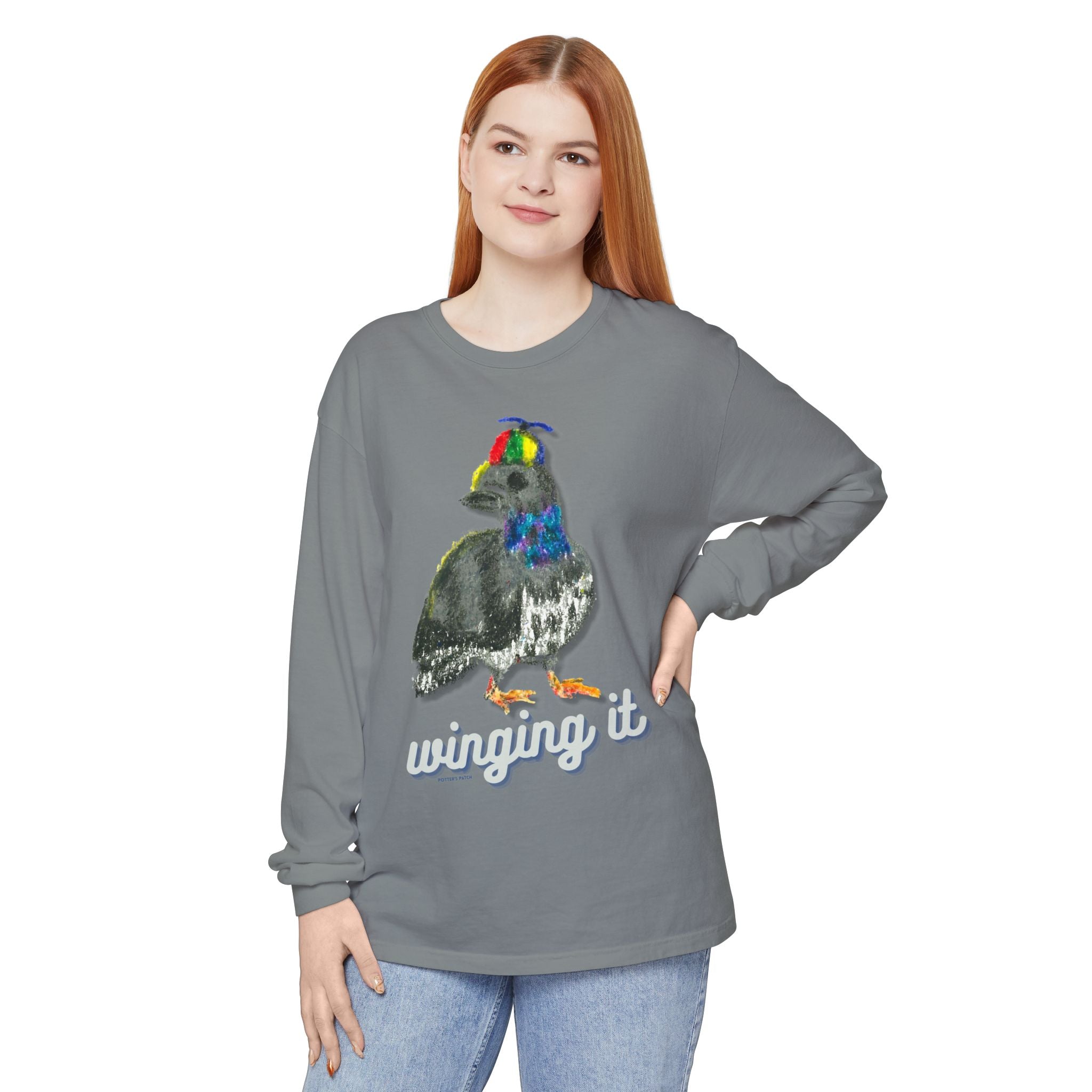 Whimsical Pigeon Illustration Winging It Long Sleeve Tee | Cute Bird Sketch Artist Designed