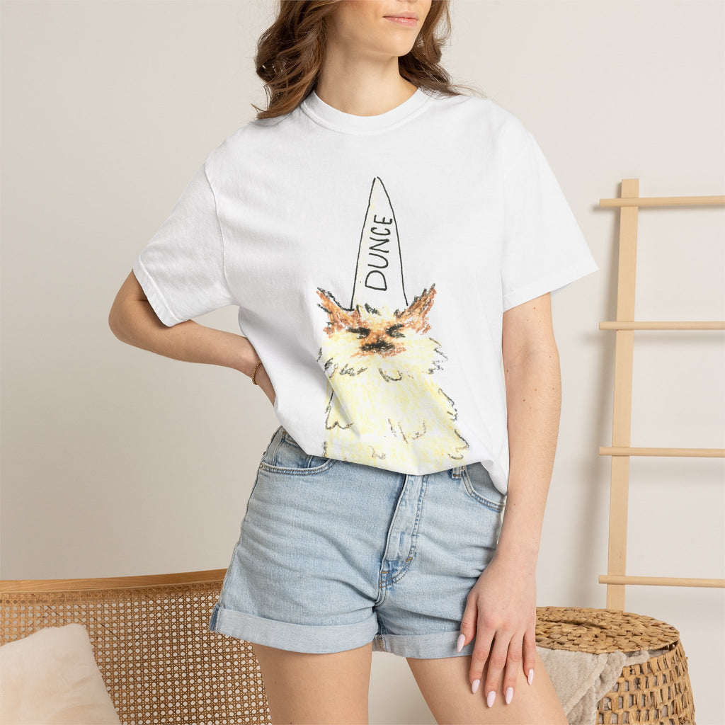 T-Shirt — Fluffy Cat Wearing 'Dunce' Cone Hat Illustrated Tee