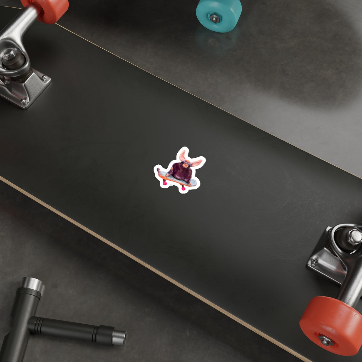 Skateboarding Bat Die-Cut Sticker — Cute Ceramic-Style Skateboard Character