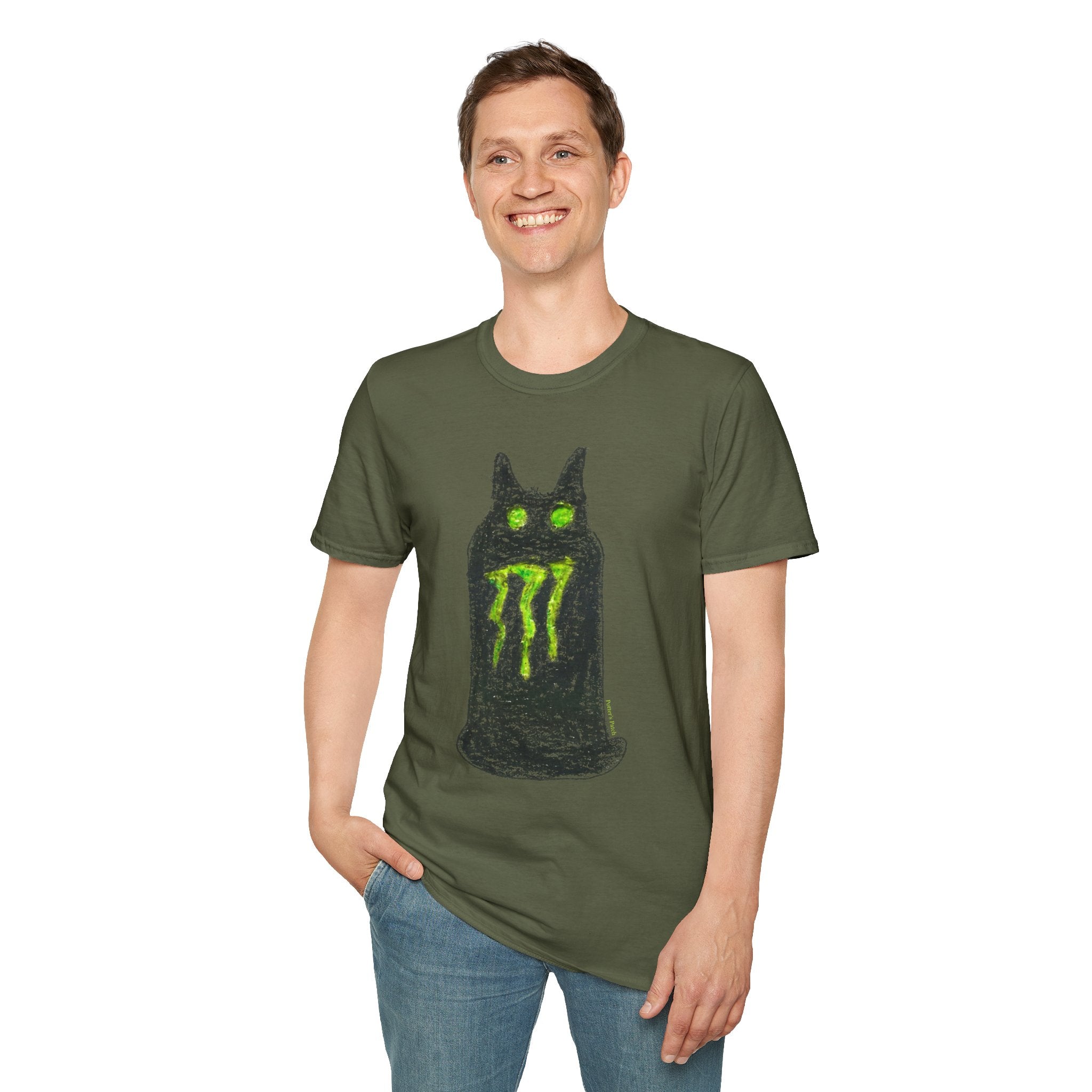 Green-Eyed Monster Cat T-Shirt | Grunge Cat Illustration