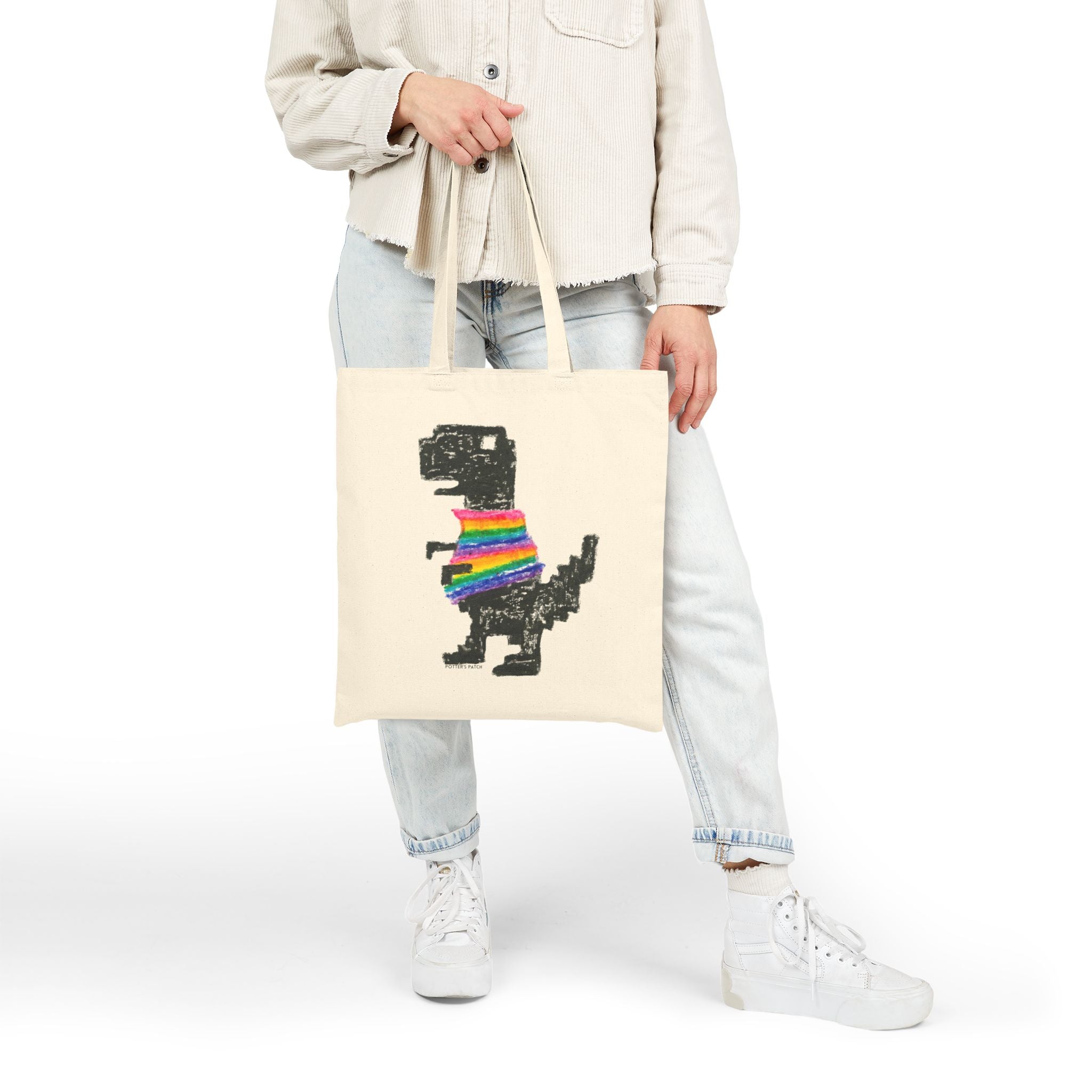 Rainbow Sweater Dinosaur Tote Bag | Canvas Market Bag