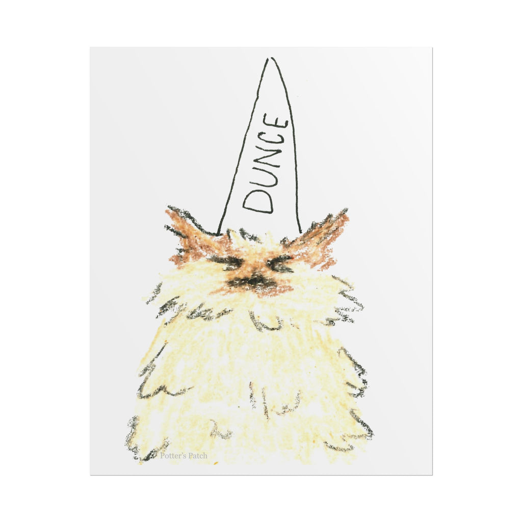 Dunce Cat Rolled Poster | Whimsical Hand-Drawn Illustration, Humorous Wall Art