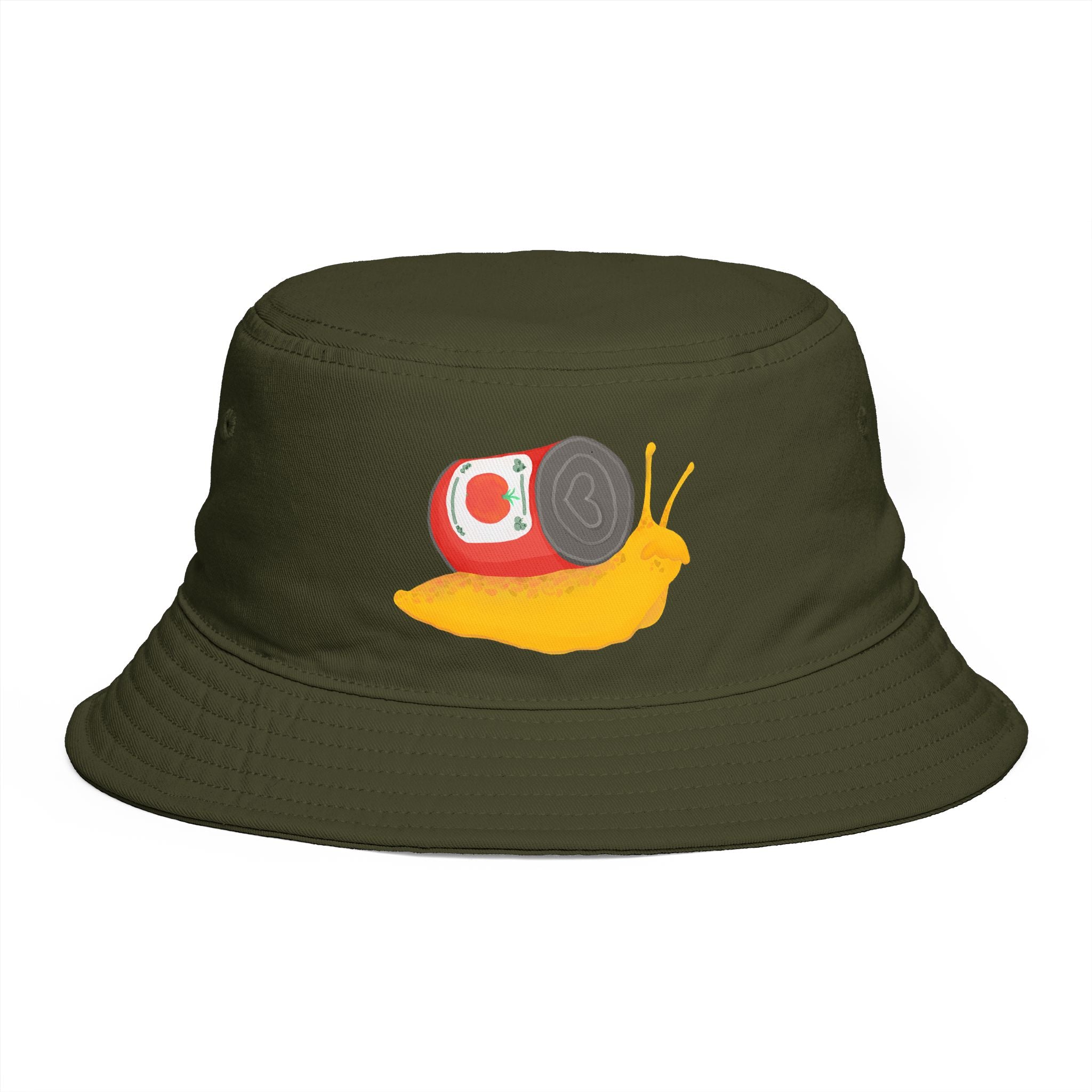 Snail Carrying Soup Can Bucket Hat | Cute Illustration, Whimsical Animal Art