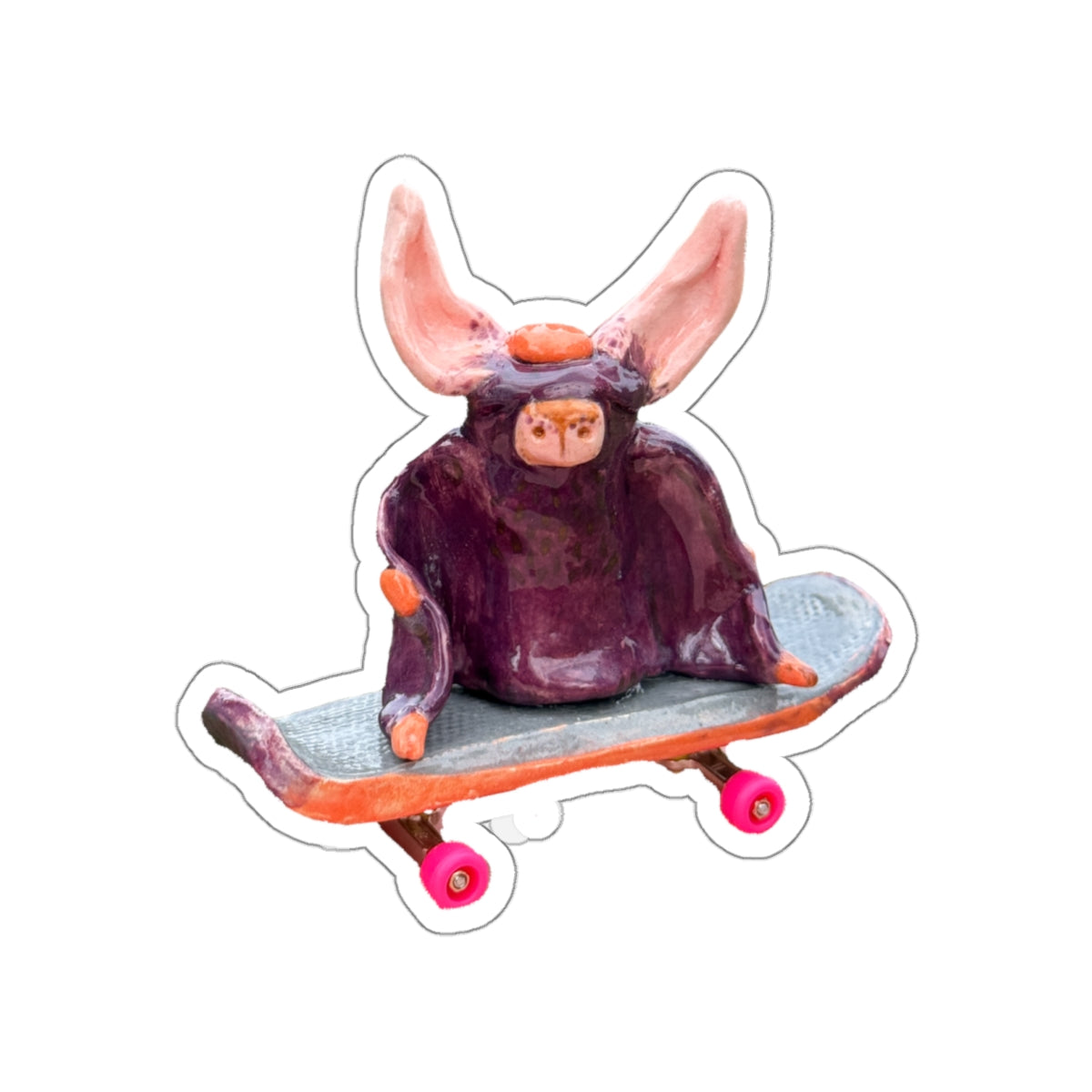 Skateboarding Bat Die-Cut Sticker — Cute Ceramic-Style Skateboard Character