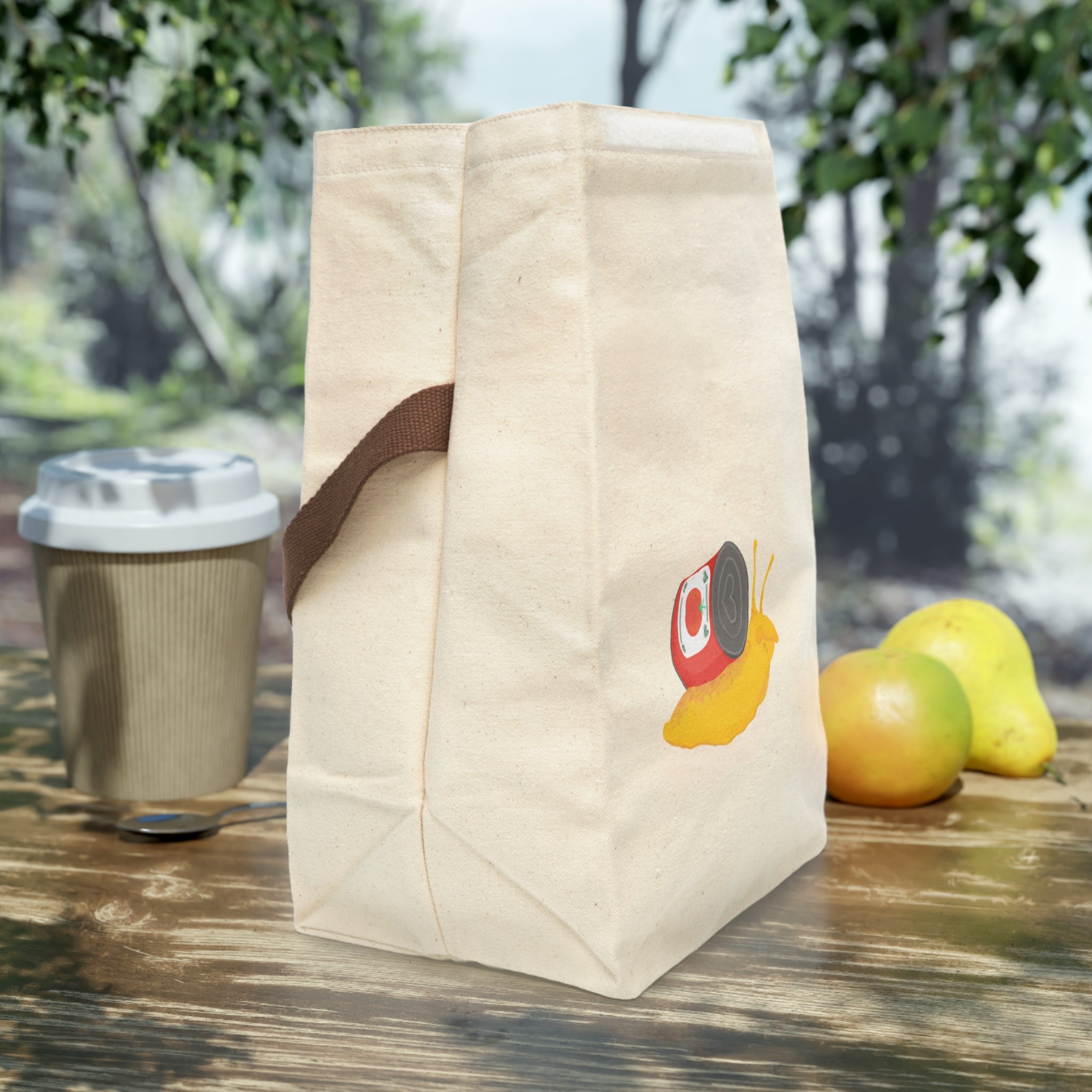 Snail Carrying Soup Canvas Lunch Bag with Strap | Cute Foodie Illustration