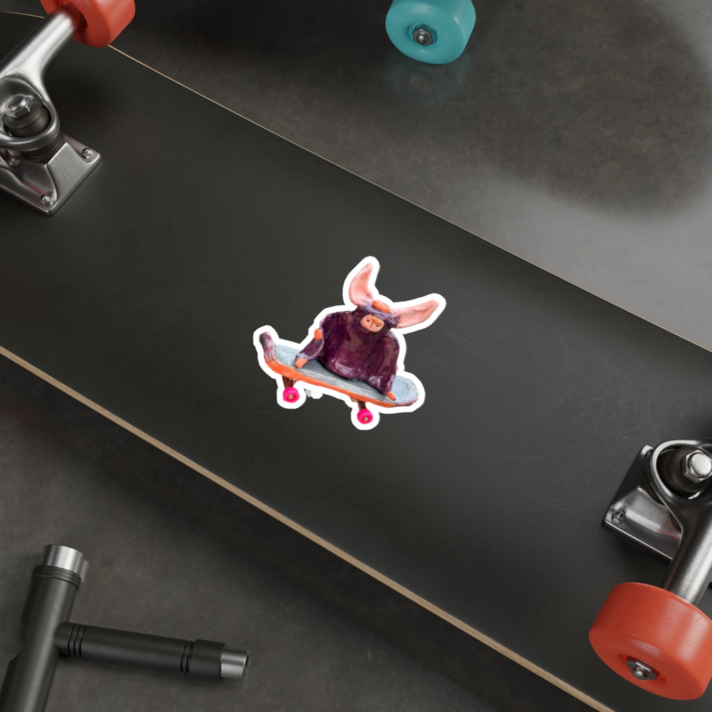 Skateboarding Bat Die-Cut Sticker — Cute Ceramic-Style Skateboard Character