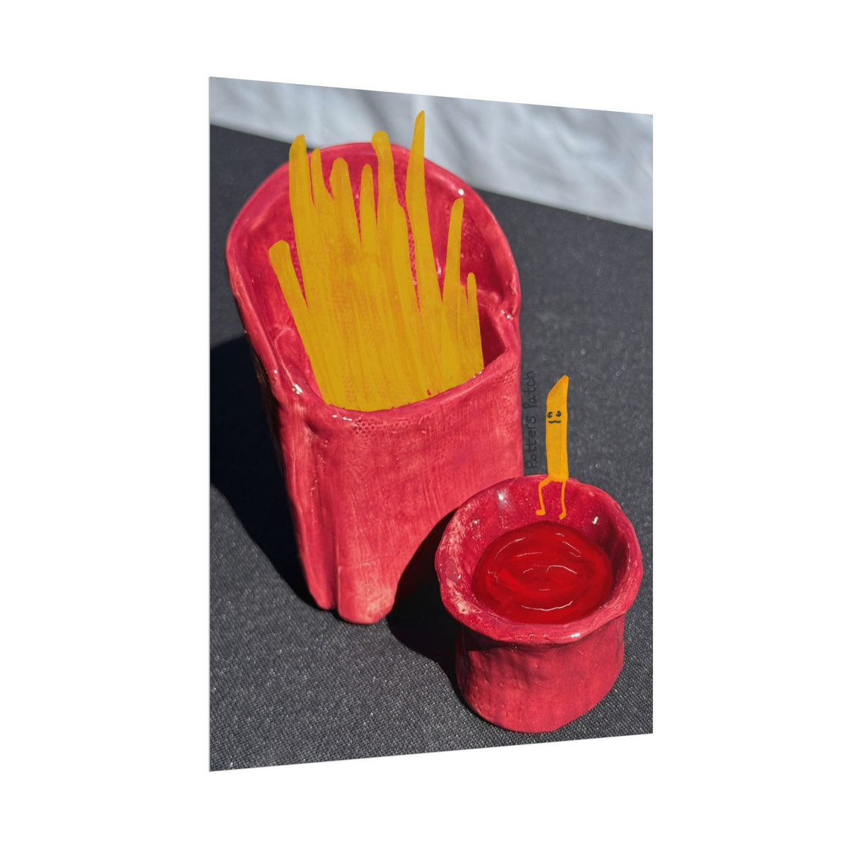 Whimsical French Fry & Ketchup Poster — Playful Fast Food Art Print Ceramic Art Mixed Media