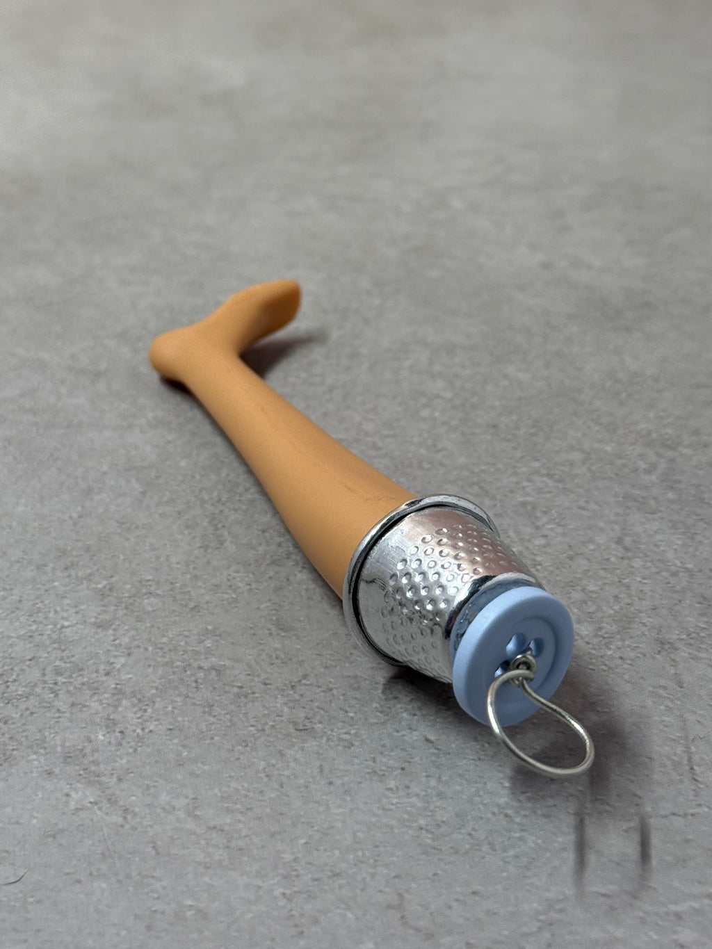 Doll Leg Upcycled Keychain with Thimble and Blue Button