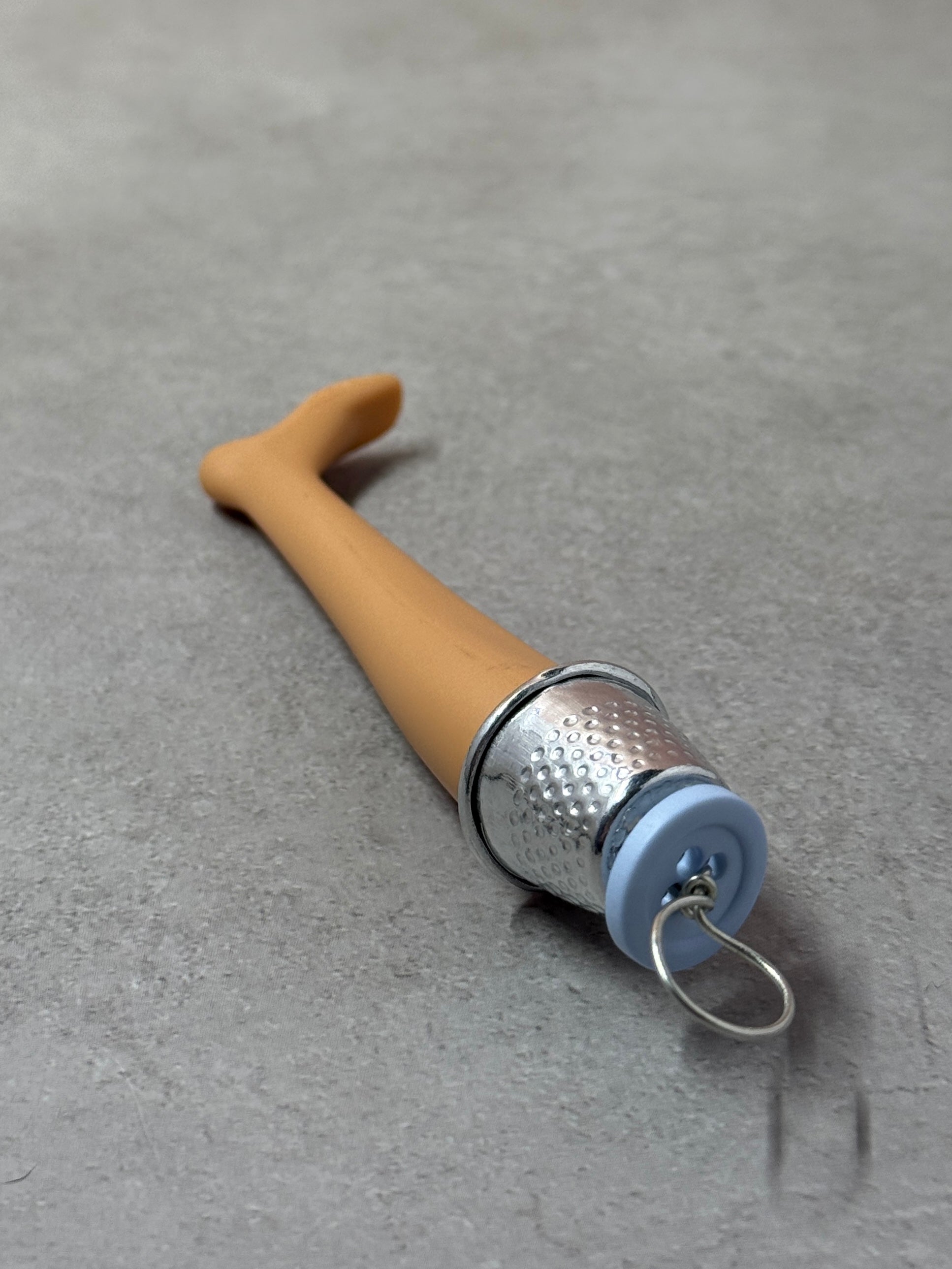 Doll Leg Upcycled Keychain with Thimble and Blue Button