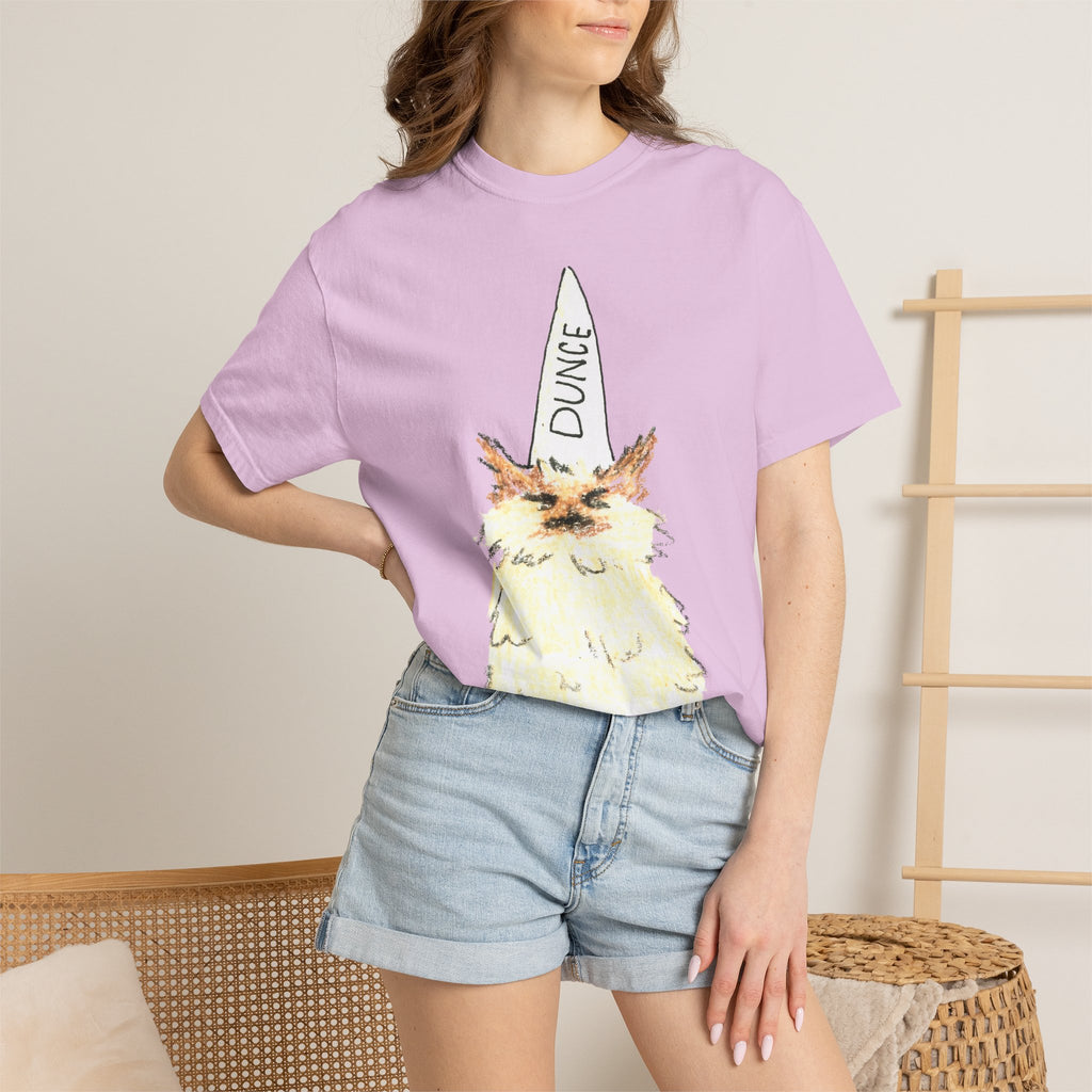 T-Shirt — Fluffy Cat Wearing 'Dunce' Cone Hat Illustrated Tee