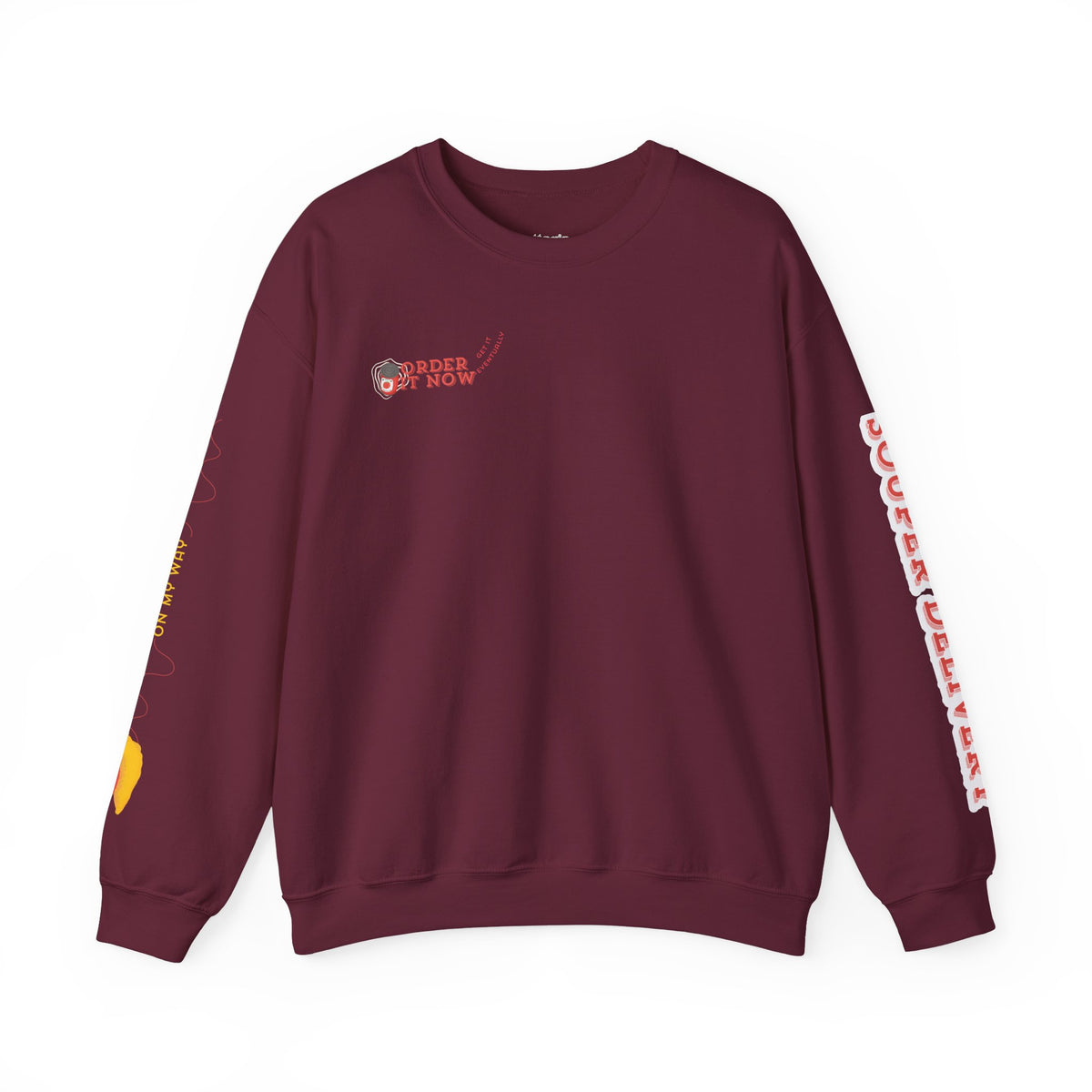 Souper Delivery Crewneck Sweatshirt — Retro Soup Can Logo & Hand-Drawn Snail, "Order It Now, Get It Eventually"