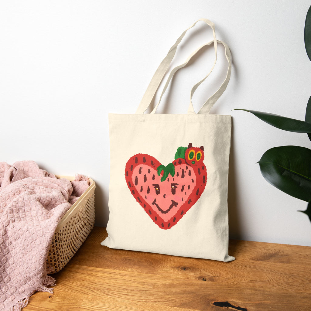 Cute Strawberry with Caterpillar Tote Bag | Hand-Drawn Colorful Canvas