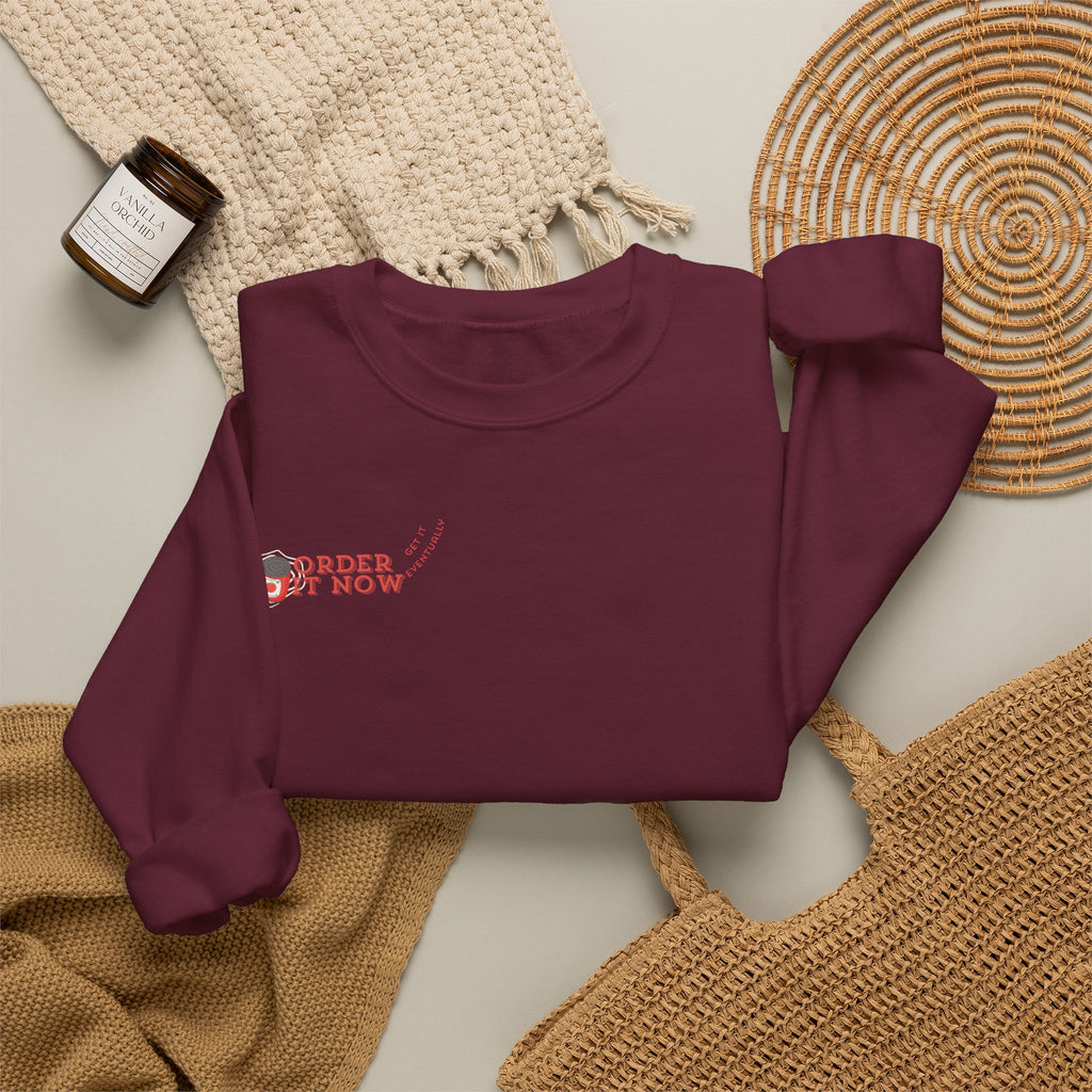 Souper Delivery Crewneck Sweatshirt — Retro Soup Can Logo & Hand-Drawn Snail, "Order It Now, Get It Eventually"