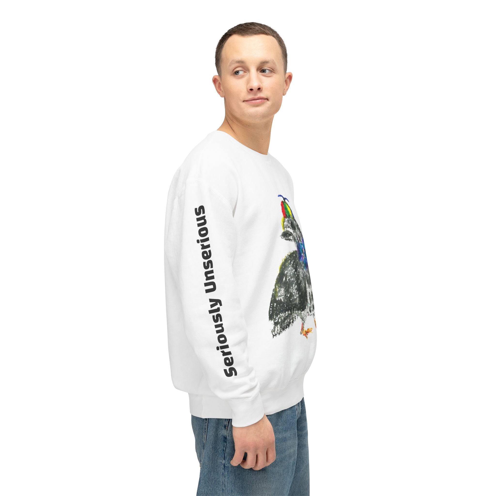 Colorful Pigeon Pinwheel Hat Illustration Sweatshirt | 'Curiously Unserious' Sleeve Text