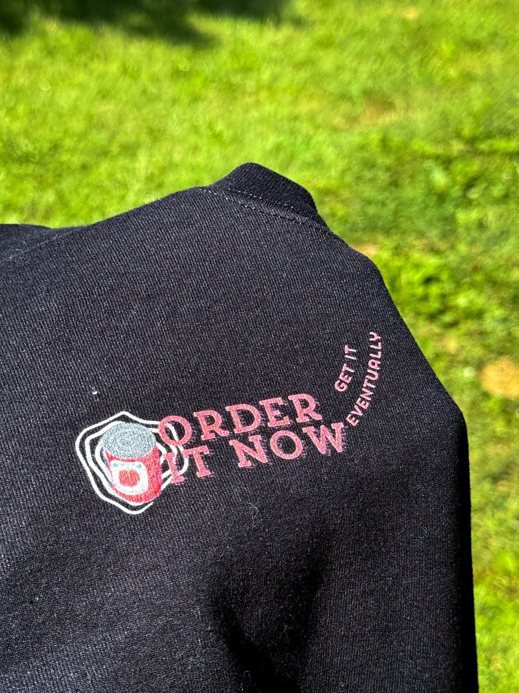Souper Delivery Crewneck Sweatshirt — Retro Soup Can Logo & Hand-Drawn Snail, "Order It Now, Get It Eventually"