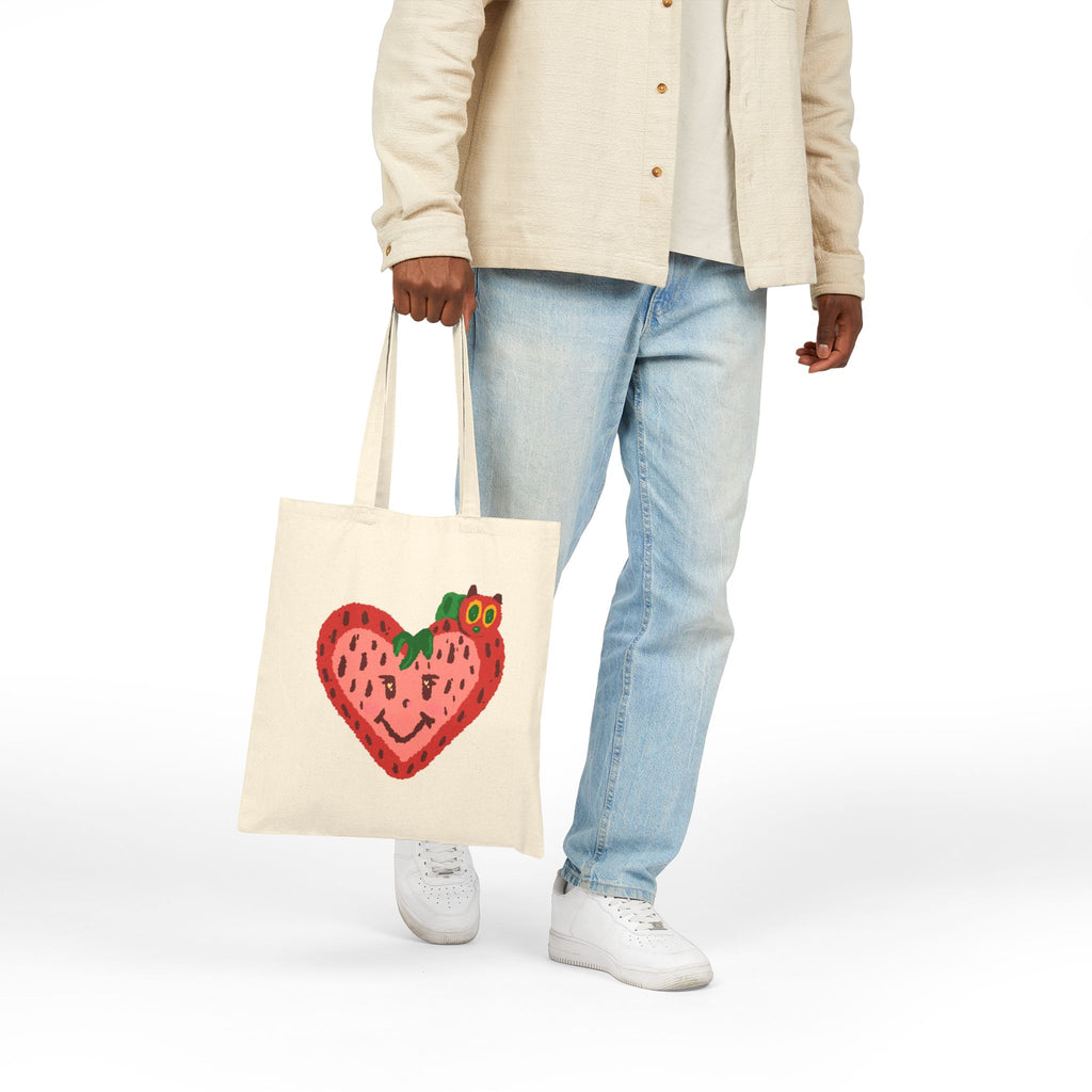 Cute Strawberry with Caterpillar Tote Bag | Hand-Drawn Colorful Canvas