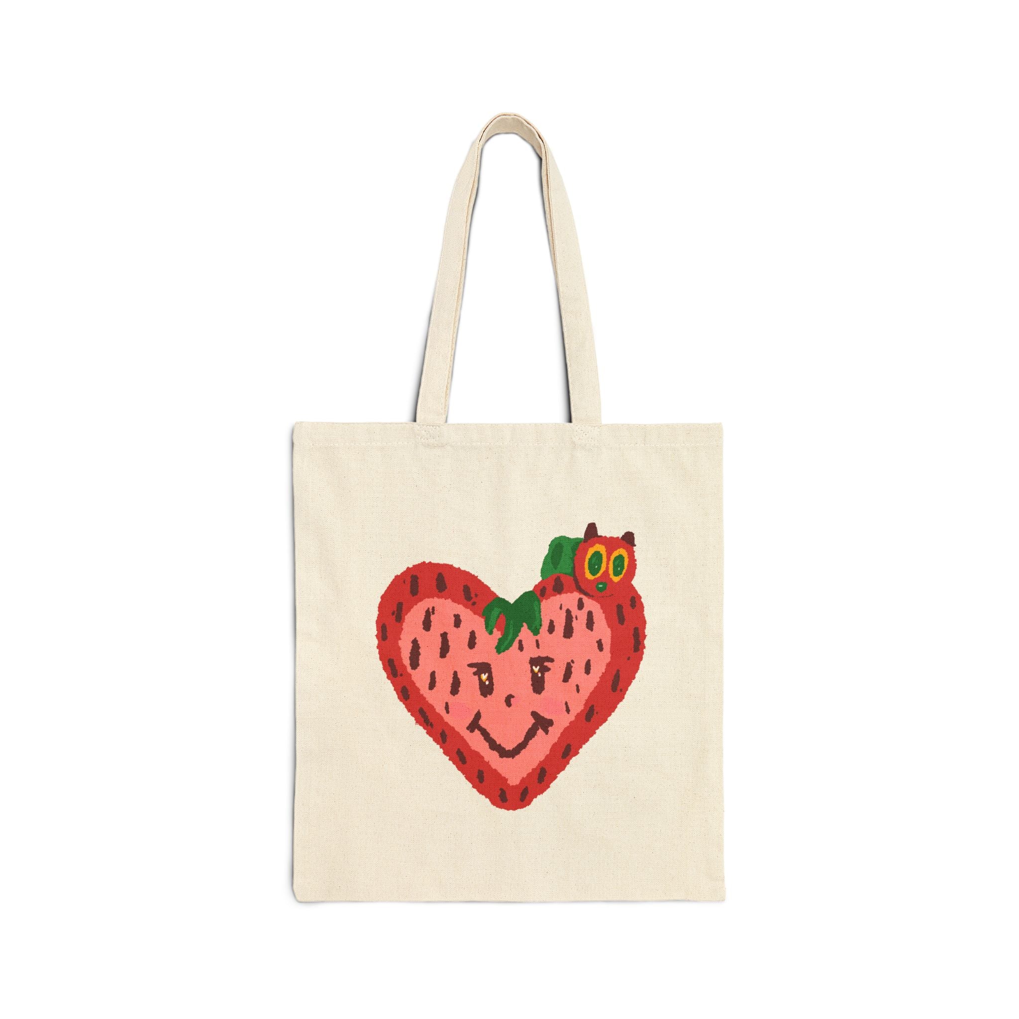 Cute Strawberry with Caterpillar Tote Bag | Hand-Drawn Colorful Canvas