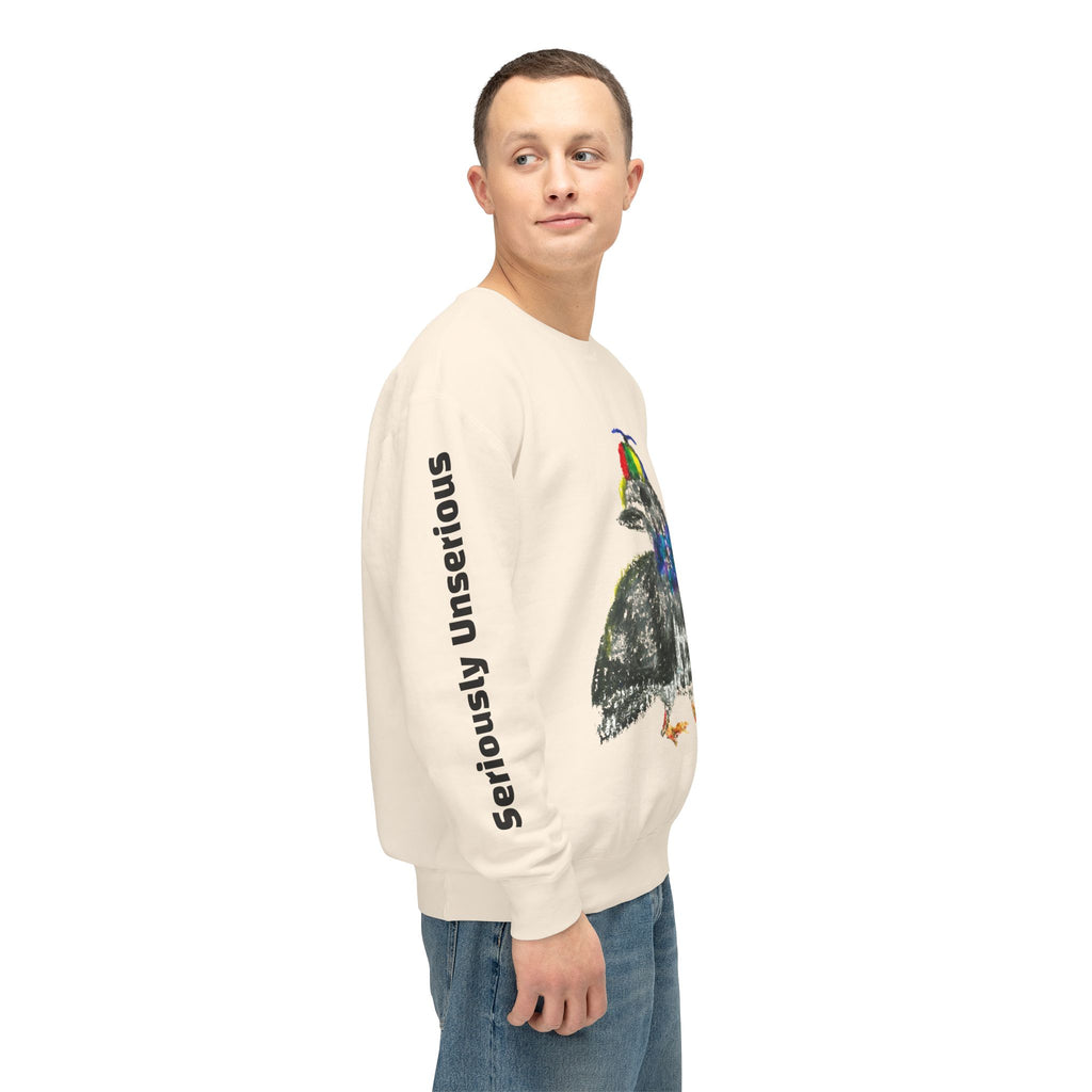 Colorful Pigeon Pinwheel Hat Illustration Sweatshirt | 'Curiously Unserious' Sleeve Text