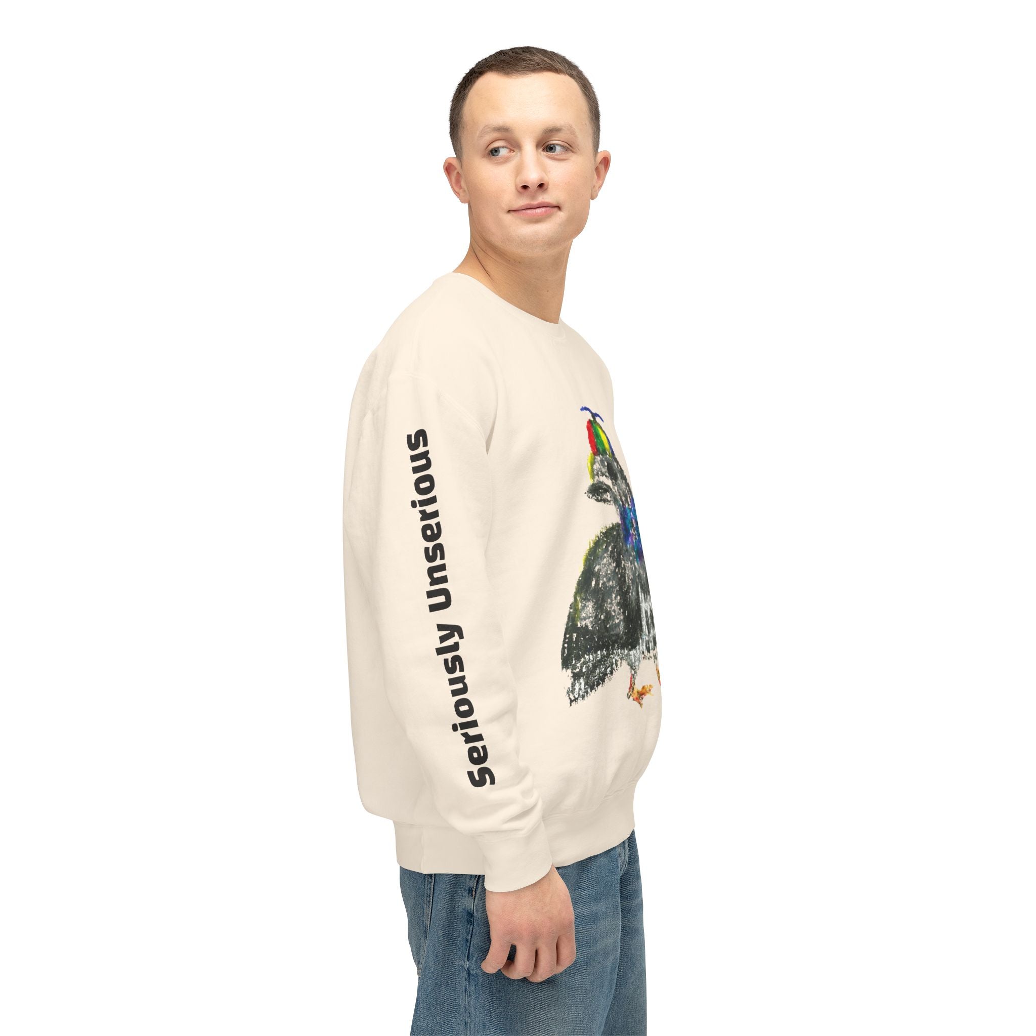 Colorful Pigeon Pinwheel Hat Illustration Sweatshirt | 'Curiously Unserious' Sleeve Text