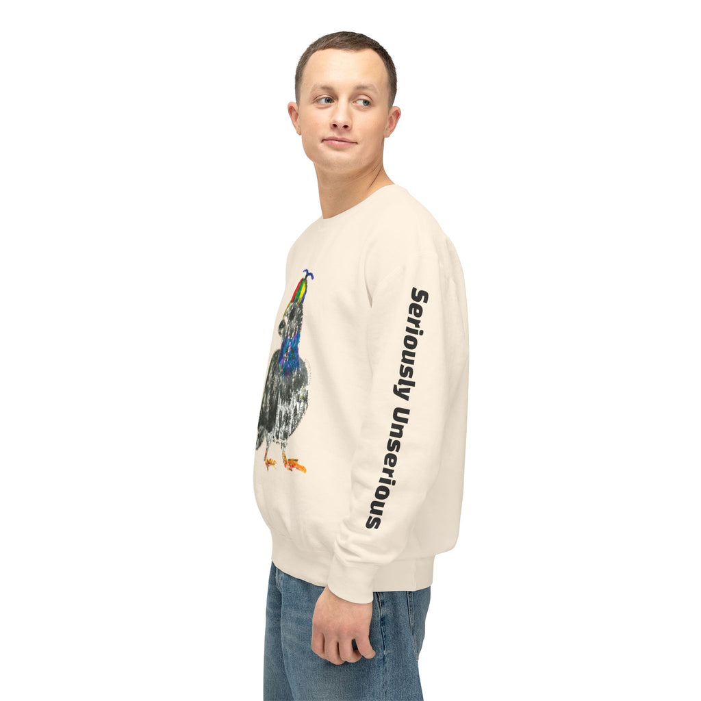 Colorful Pigeon Pinwheel Hat Illustration Sweatshirt | 'Curiously Unserious' Sleeve Text