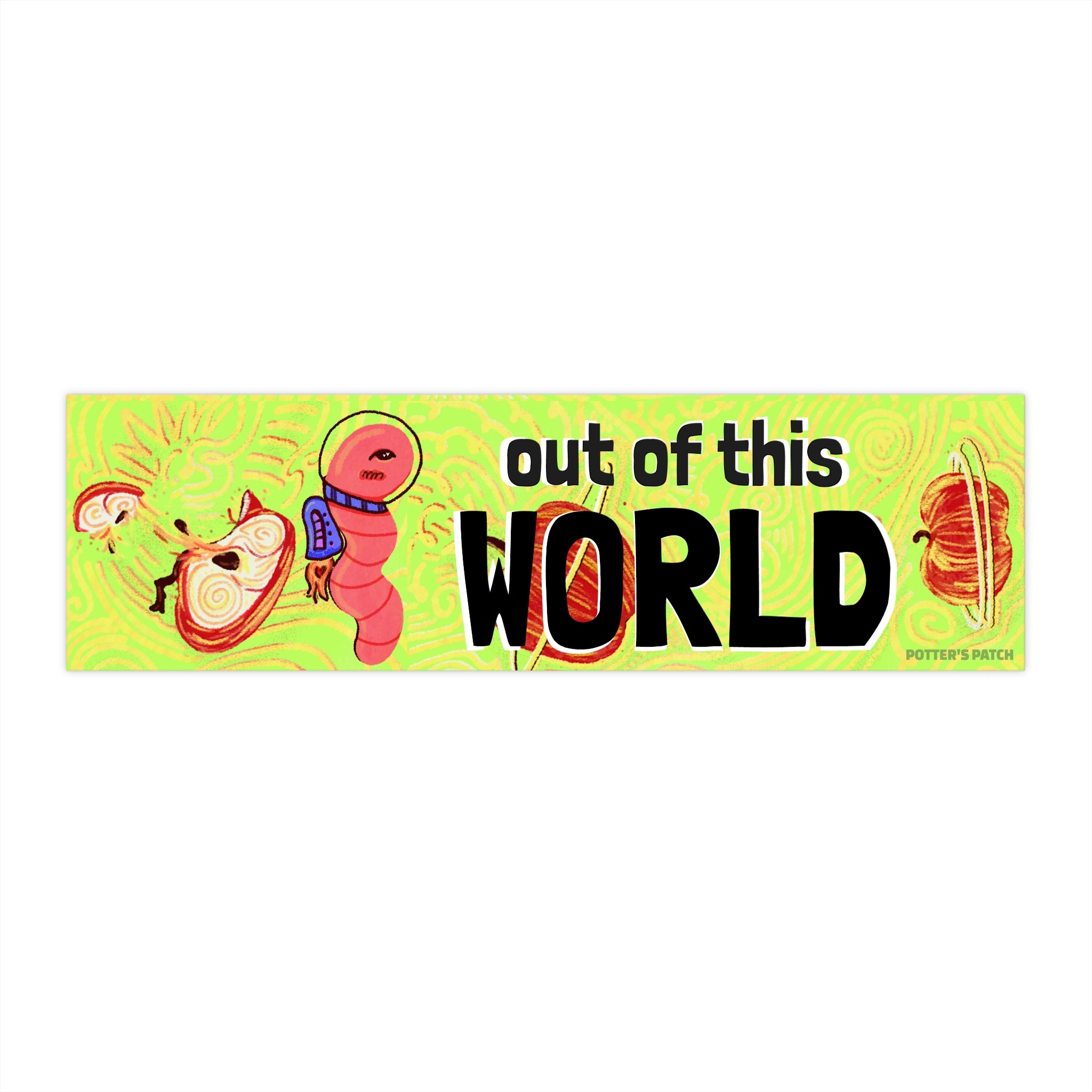 Out of This World Astronaut Worm and Apple planets Bumper Sticker | whimsical space design