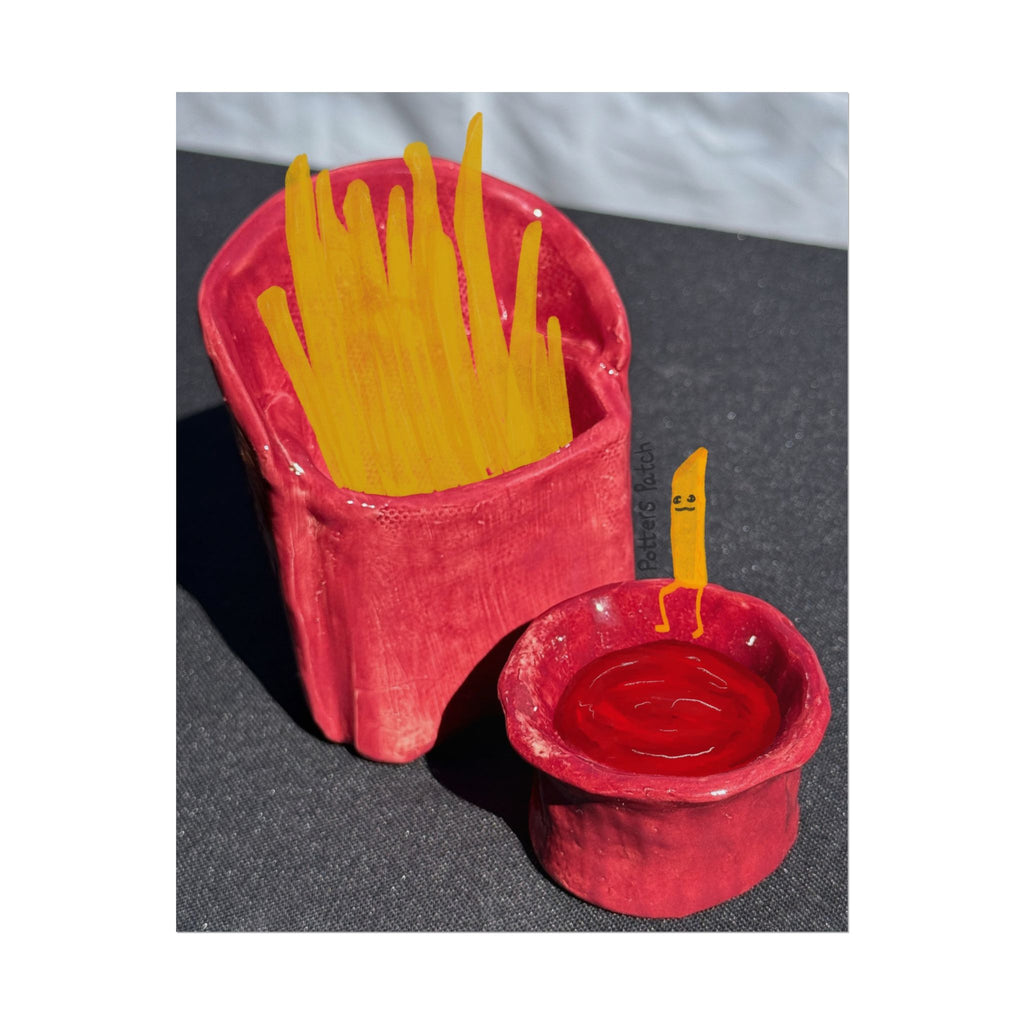 Whimsical French Fry & Ketchup Poster — Playful Fast Food Art Print Ceramic Art Mixed Media