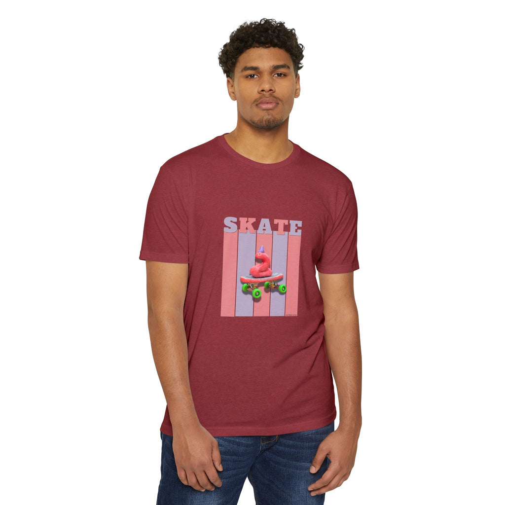 Skate Snake with Party Hat Pink Graphic Tee — Retro Stripes Skateboard Design
