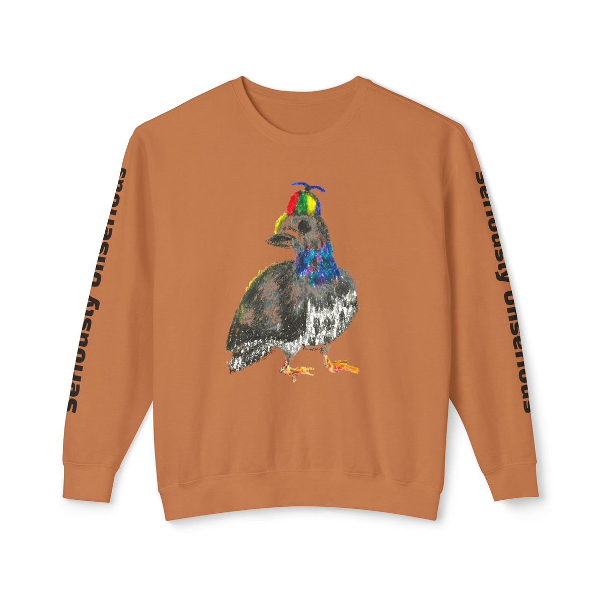 Colorful Pigeon Pinwheel Hat Illustration Sweatshirt | 'Curiously Unserious' Sleeve Text