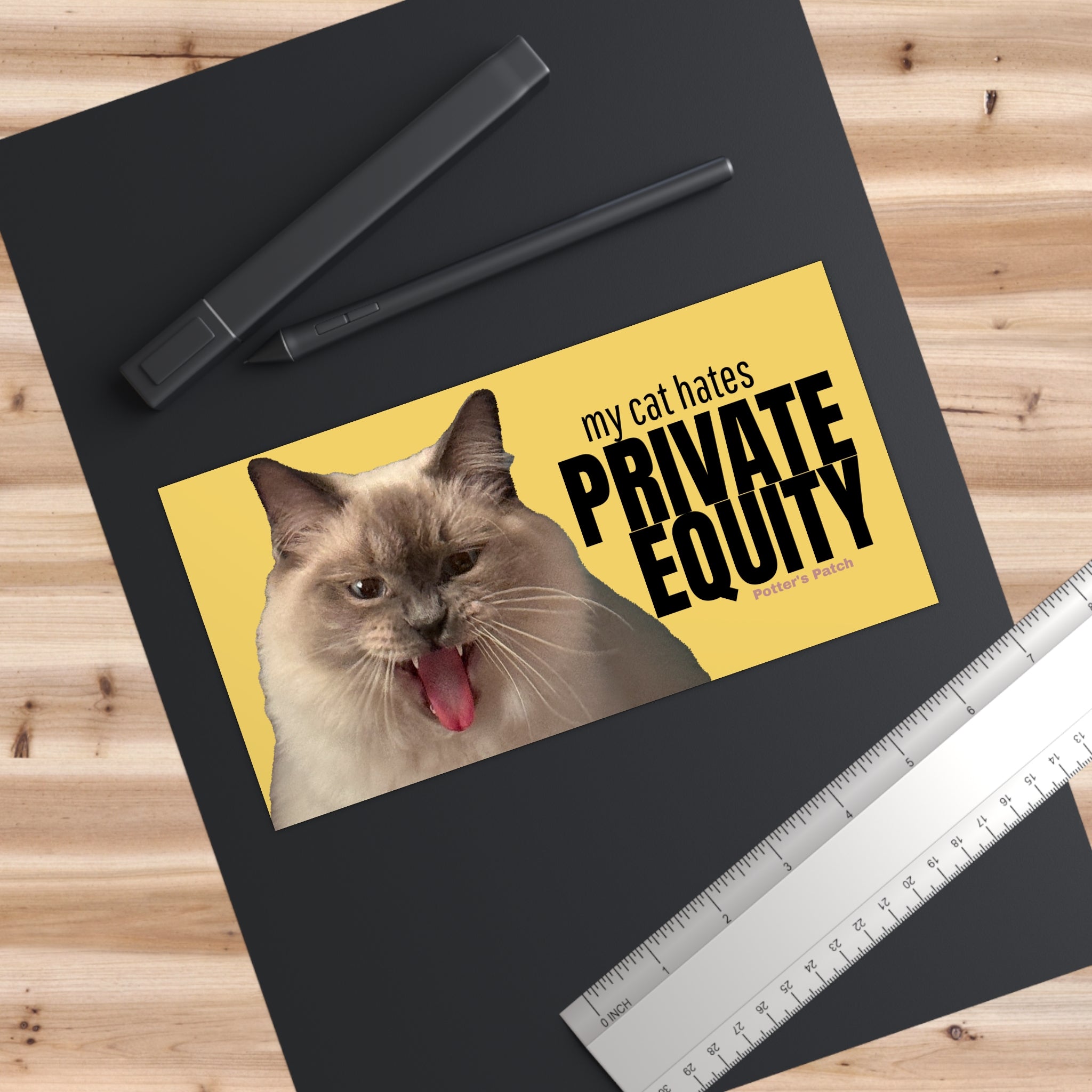 My Cat Hates Private Equity bumper sticker | funny cat humor 7.5" x 3.75" Sticker
