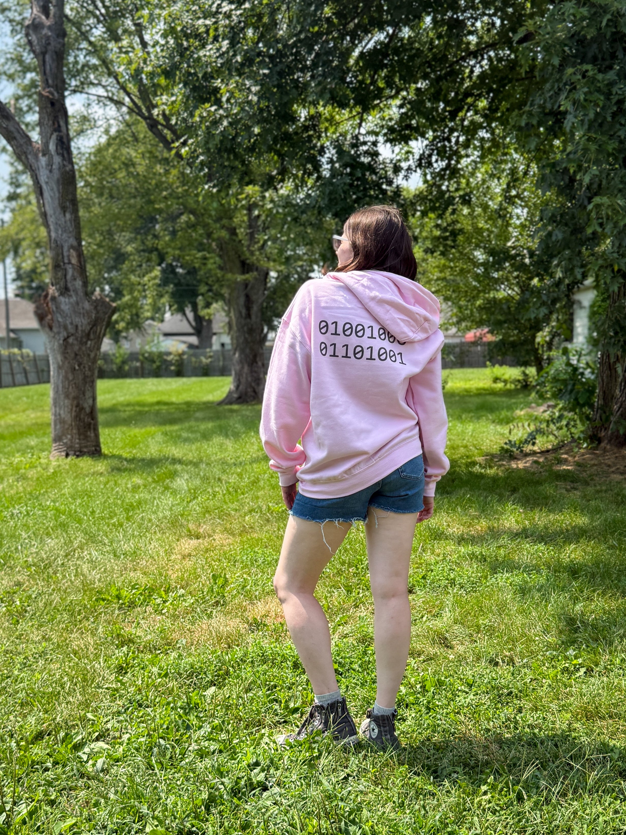 Pixel T-Rex Hoodie | Dinosaur with Rainbow Sweater, Binary Code Back "Hi"