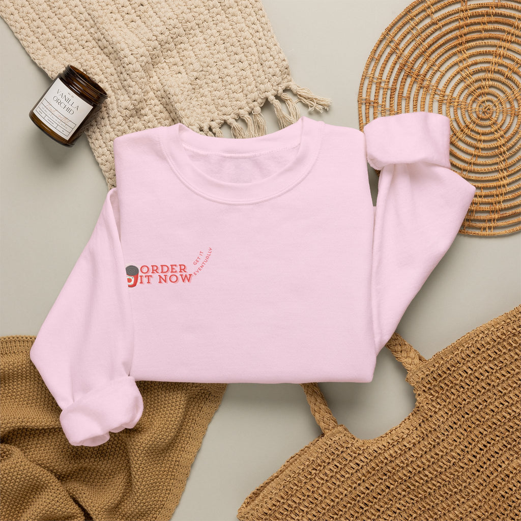 Souper Delivery Crewneck Sweatshirt — Retro Soup Can Logo & Hand-Drawn Snail, "Order It Now, Get It Eventually"