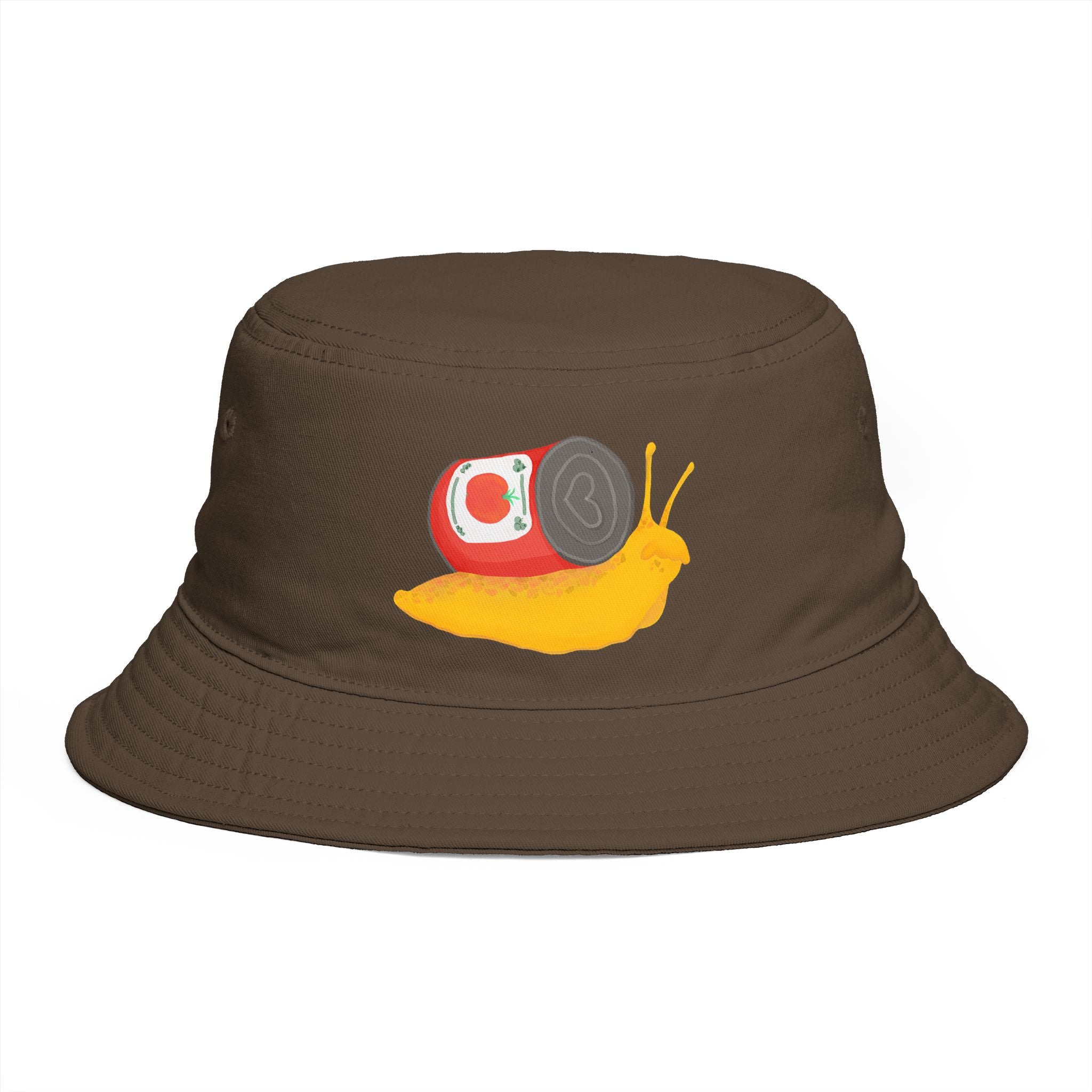 Snail Carrying Soup Can Bucket Hat | Cute Illustration, Whimsical Animal Art