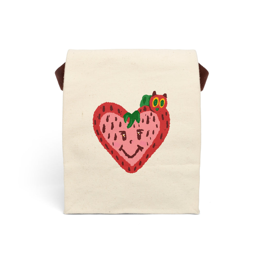 Smiling Strawberry with Colorful Caterpillar Canvas Lunch Bag with Strap