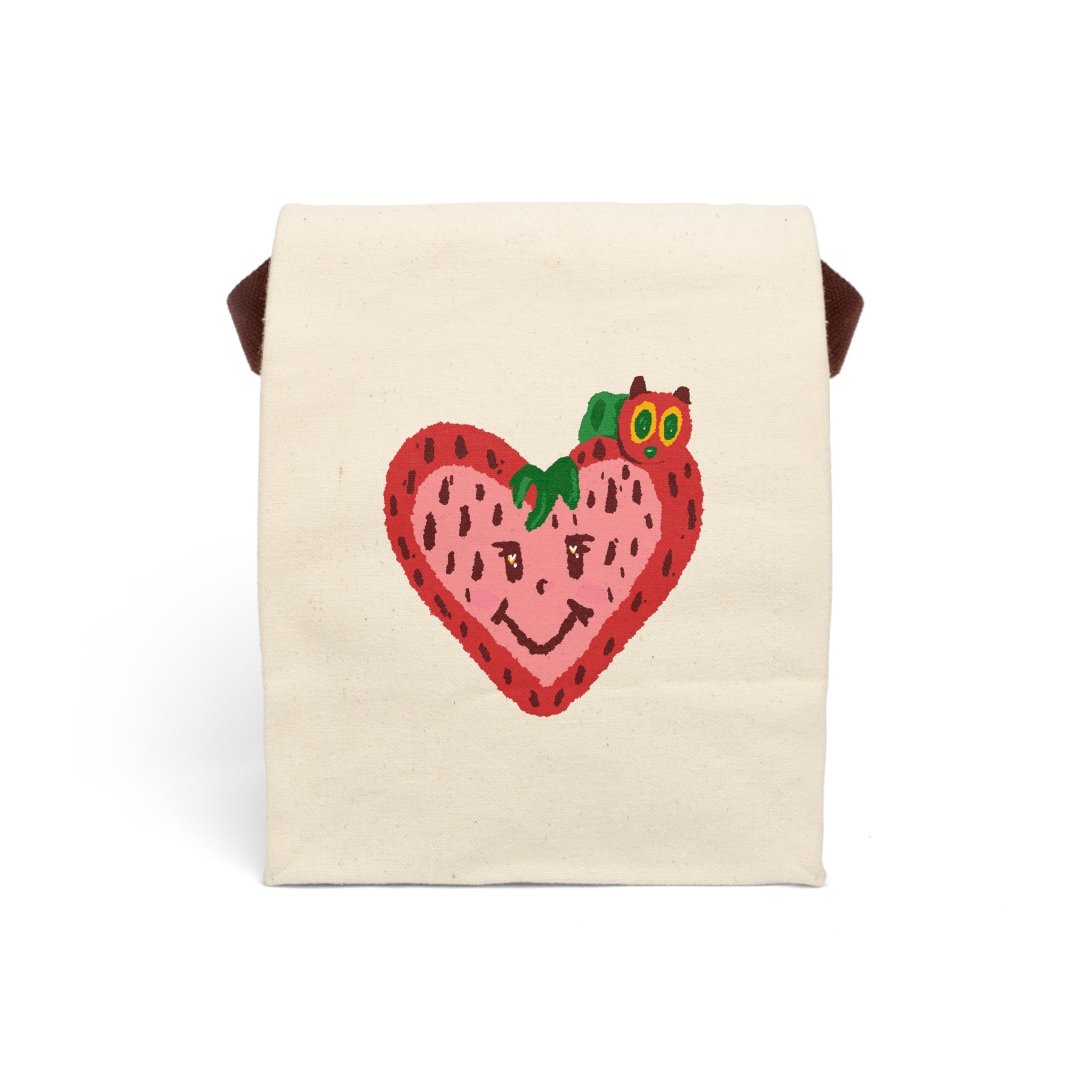 Smiling Strawberry with Colorful Caterpillar Canvas Lunch Bag with Strap