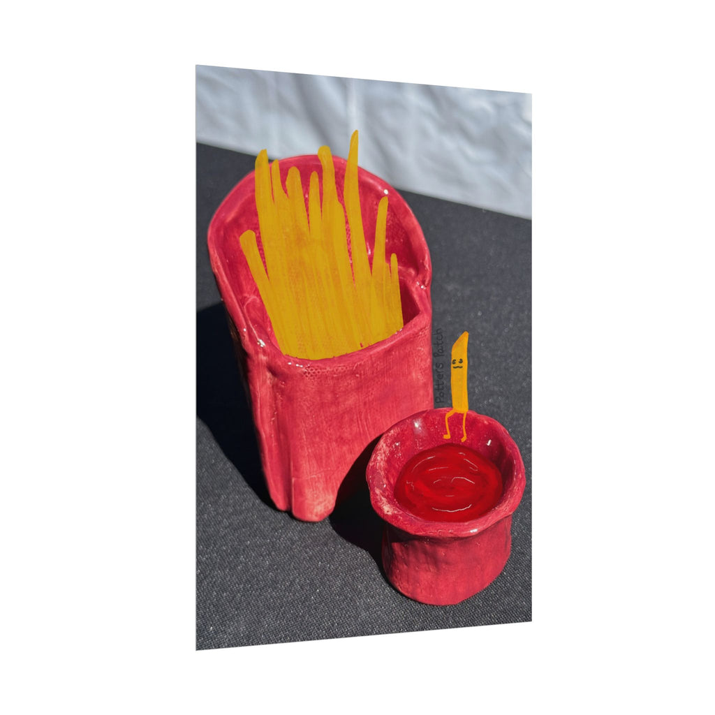 Whimsical French Fry & Ketchup Poster — Playful Fast Food Art Print Ceramic Art Mixed Media