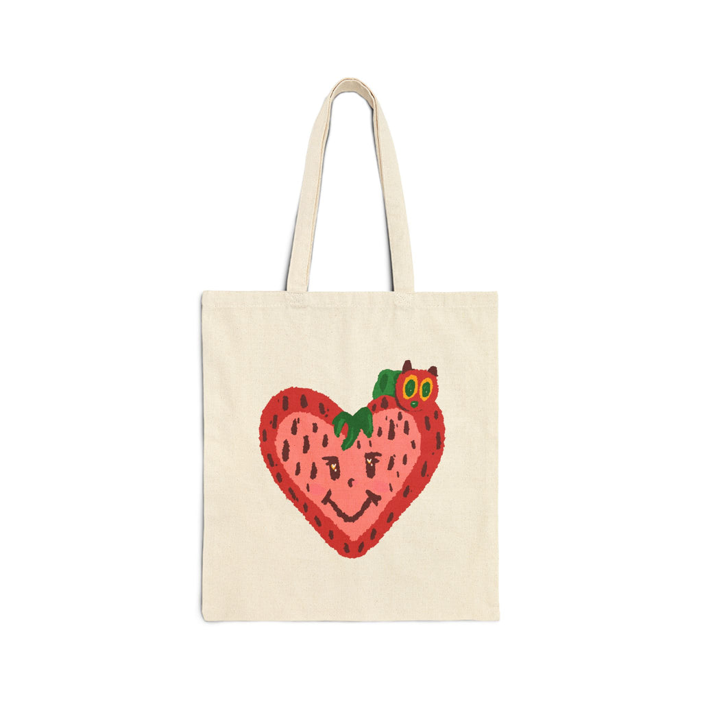 Cute Strawberry with Caterpillar Tote Bag | Hand-Drawn Colorful Canvas