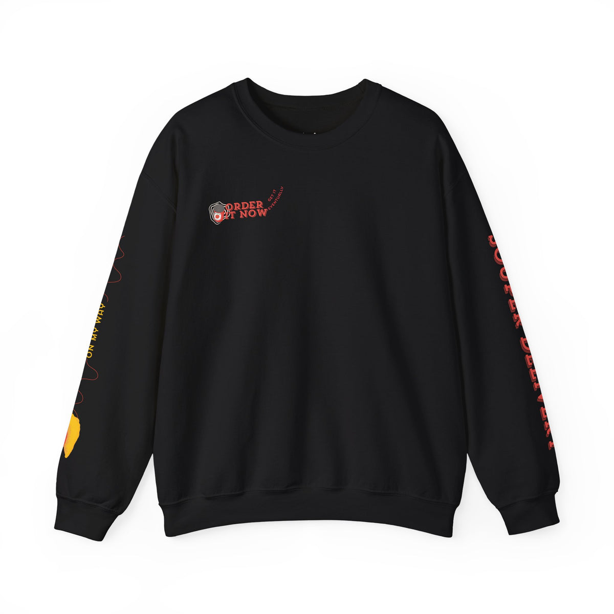 Souper Delivery Crewneck Sweatshirt — Retro Soup Can Logo & Hand-Drawn Snail, "Order It Now, Get It Eventually"