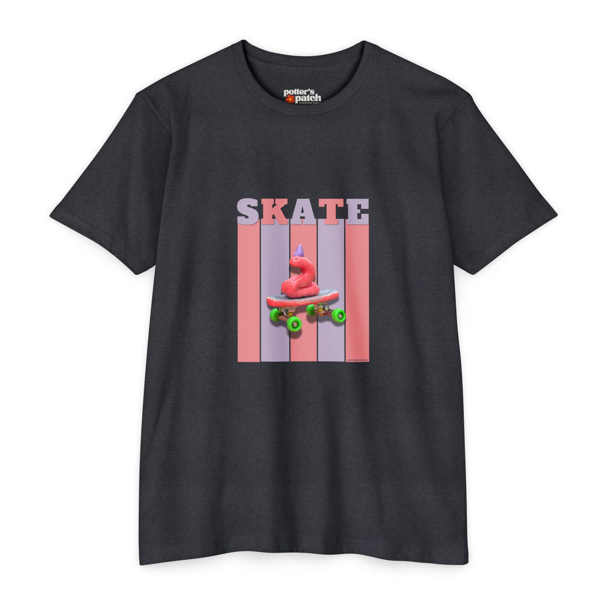 Skate Snake with Party Hat Pink Graphic Tee — Retro Stripes Skateboard Design