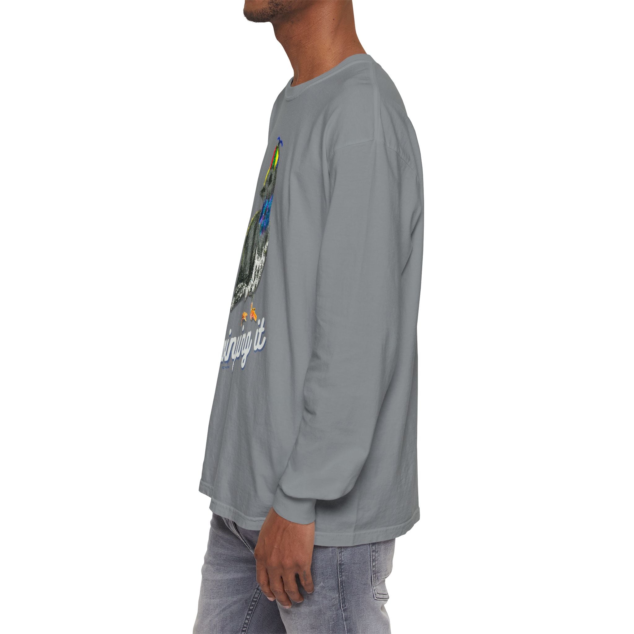 Whimsical Pigeon Illustration Winging It Long Sleeve Tee | Cute Bird Sketch Artist Designed