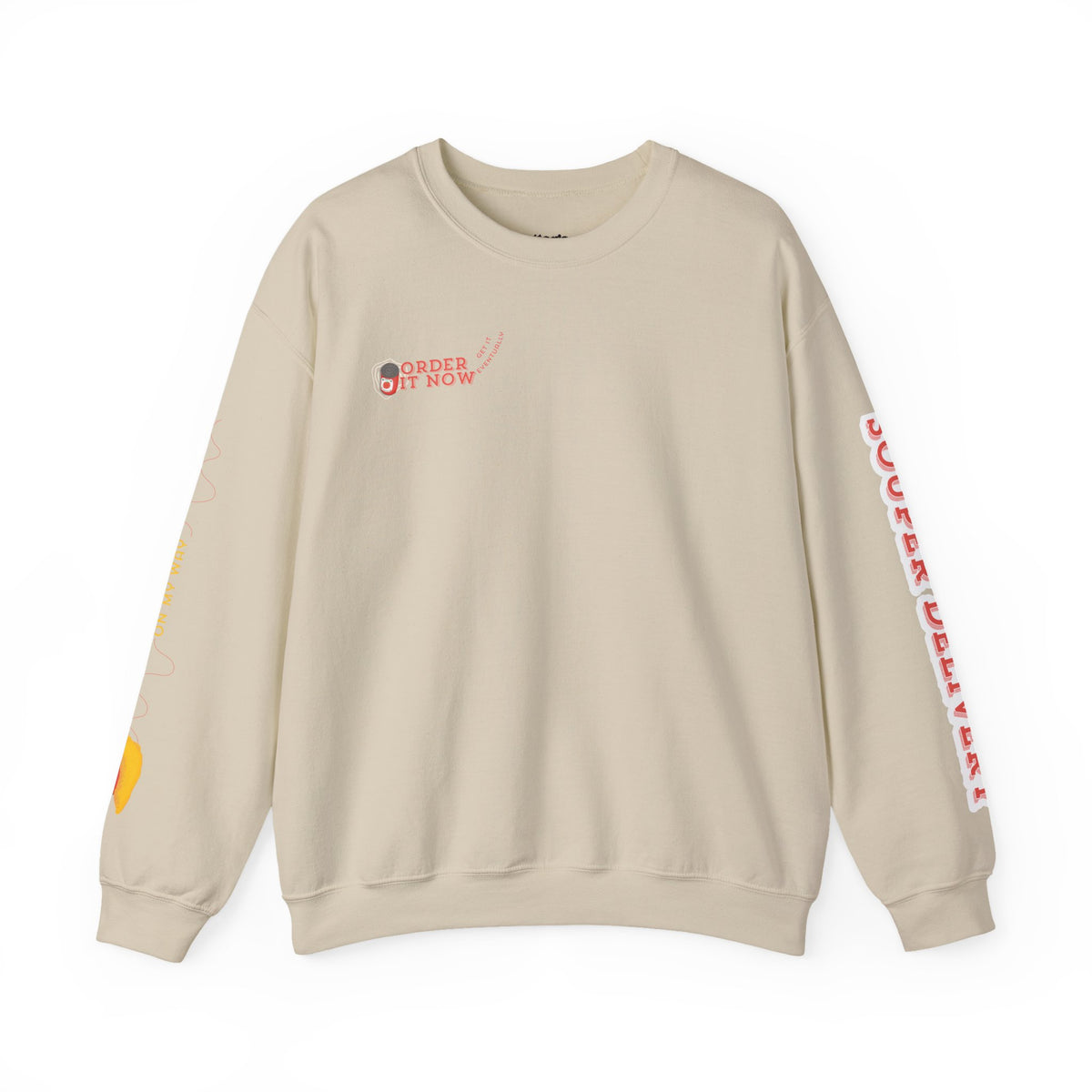 Souper Delivery Crewneck Sweatshirt — Retro Soup Can Logo & Hand-Drawn Snail, "Order It Now, Get It Eventually"