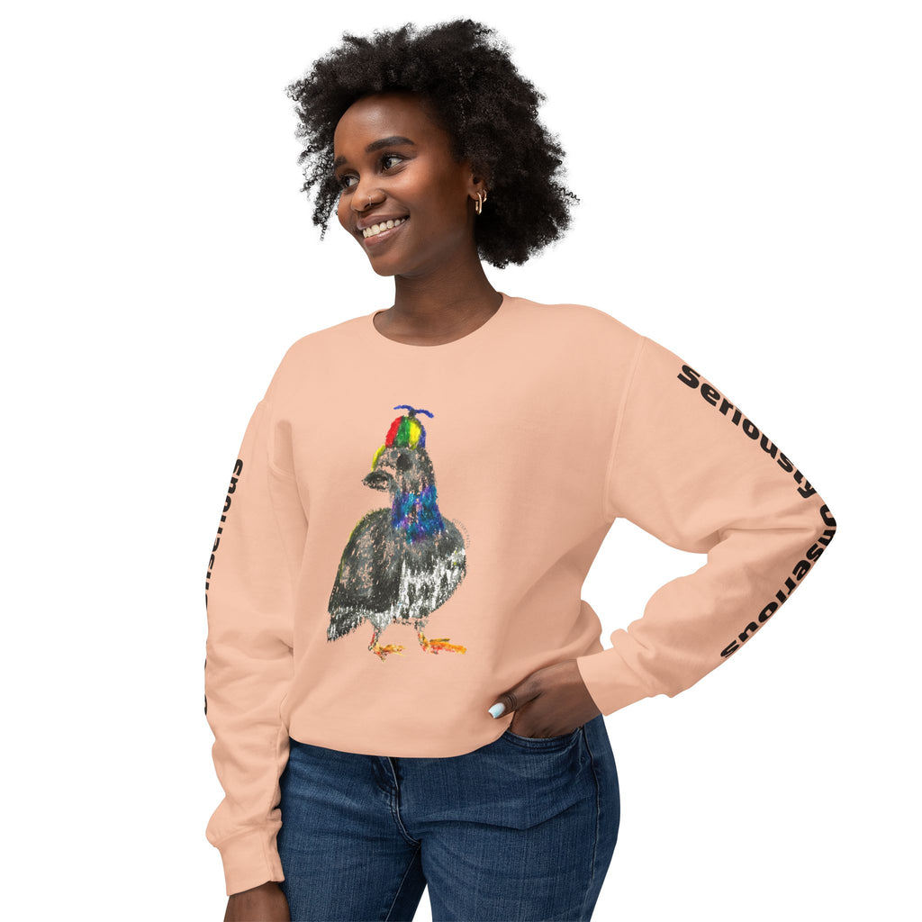 Colorful Pigeon Pinwheel Hat Illustration Sweatshirt | 'Curiously Unserious' Sleeve Text