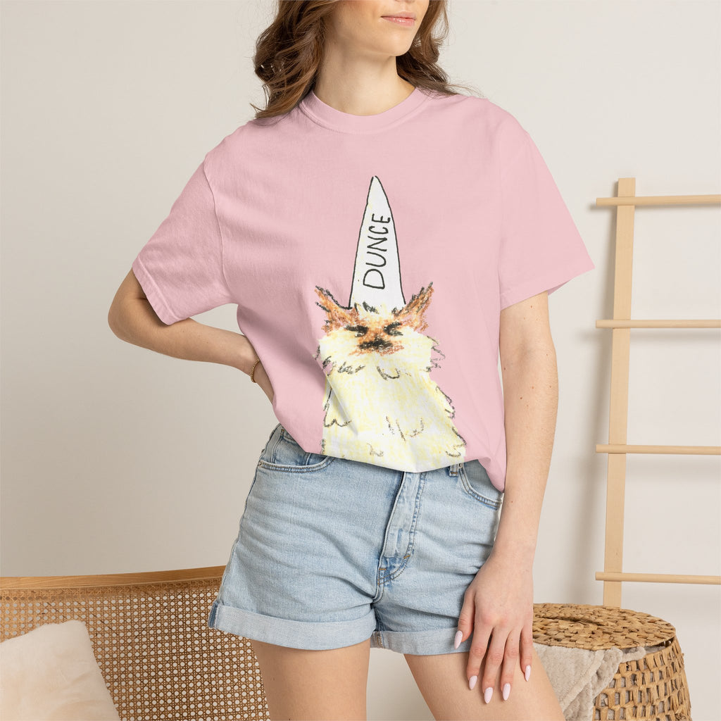 T-Shirt — Fluffy Cat Wearing 'Dunce' Cone Hat Illustrated Tee