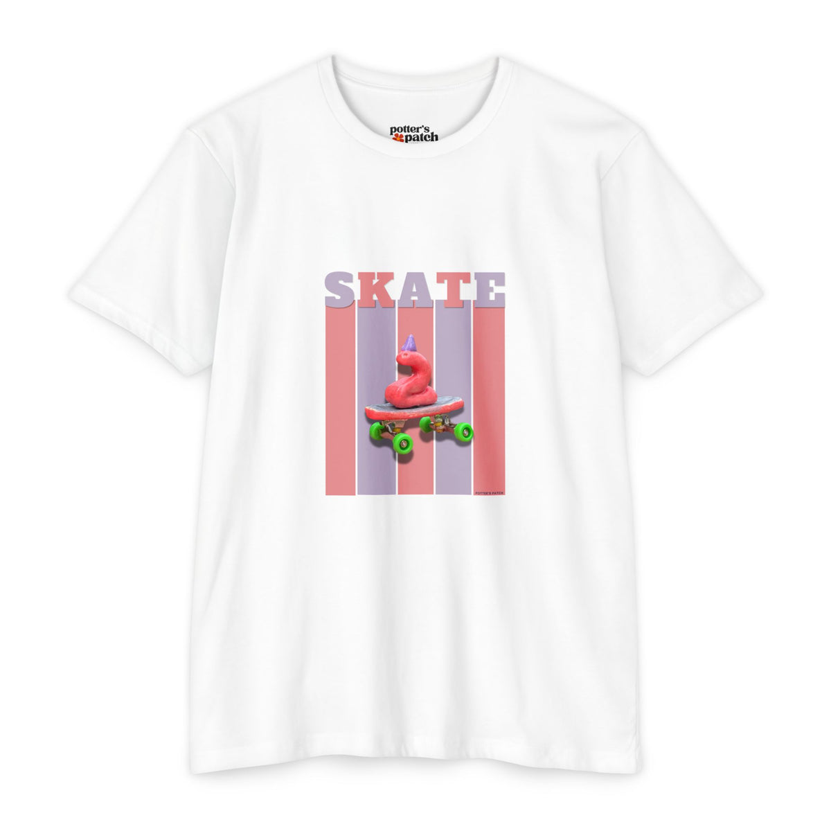 Skate Snake with Party Hat Pink Graphic Tee — Retro Stripes Skateboard Design