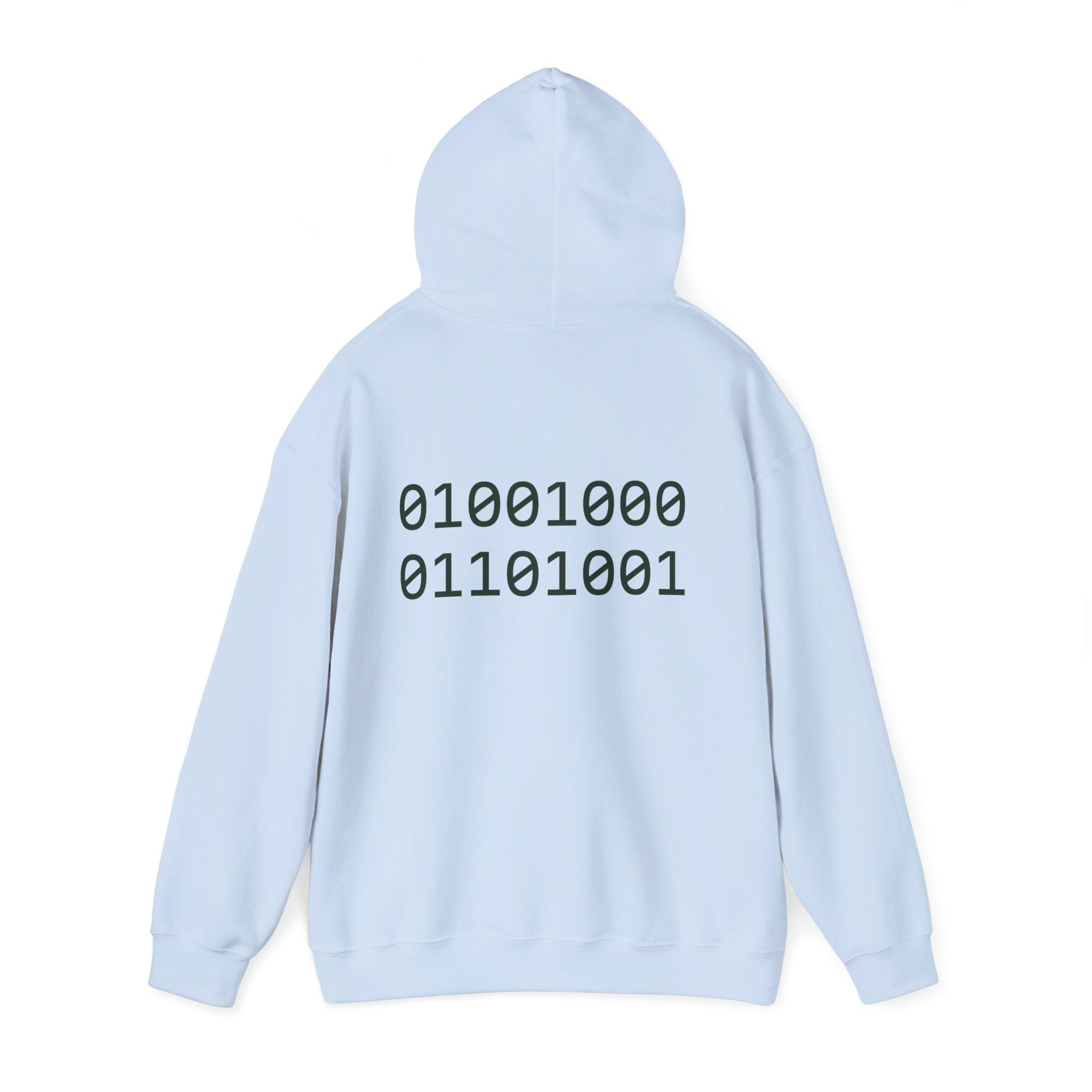 Pixel T-Rex Hoodie | Dinosaur with Rainbow Sweater, Binary Code Back "Hi"