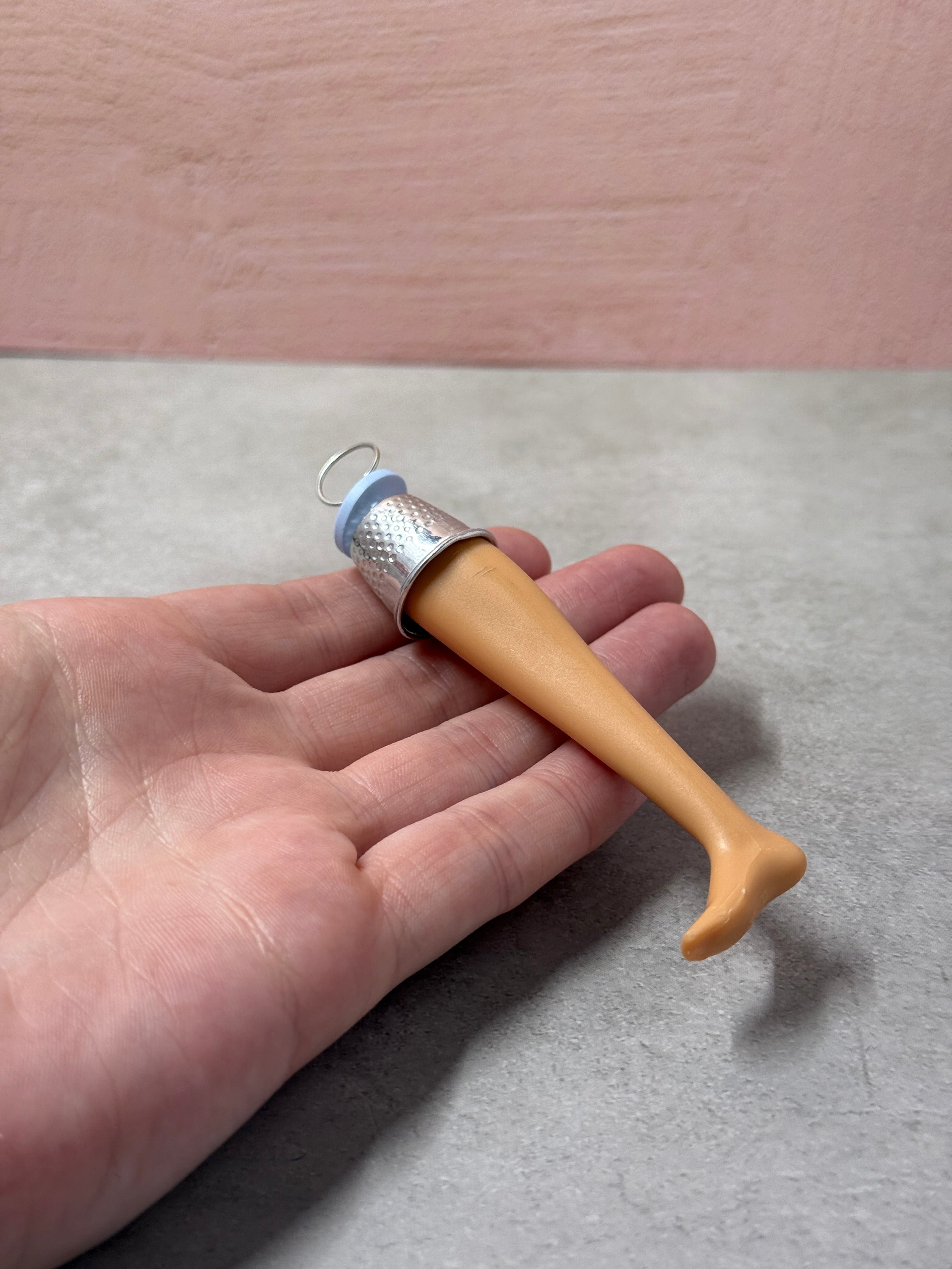 Doll Leg Upcycled Keychain with Thimble and Blue Button