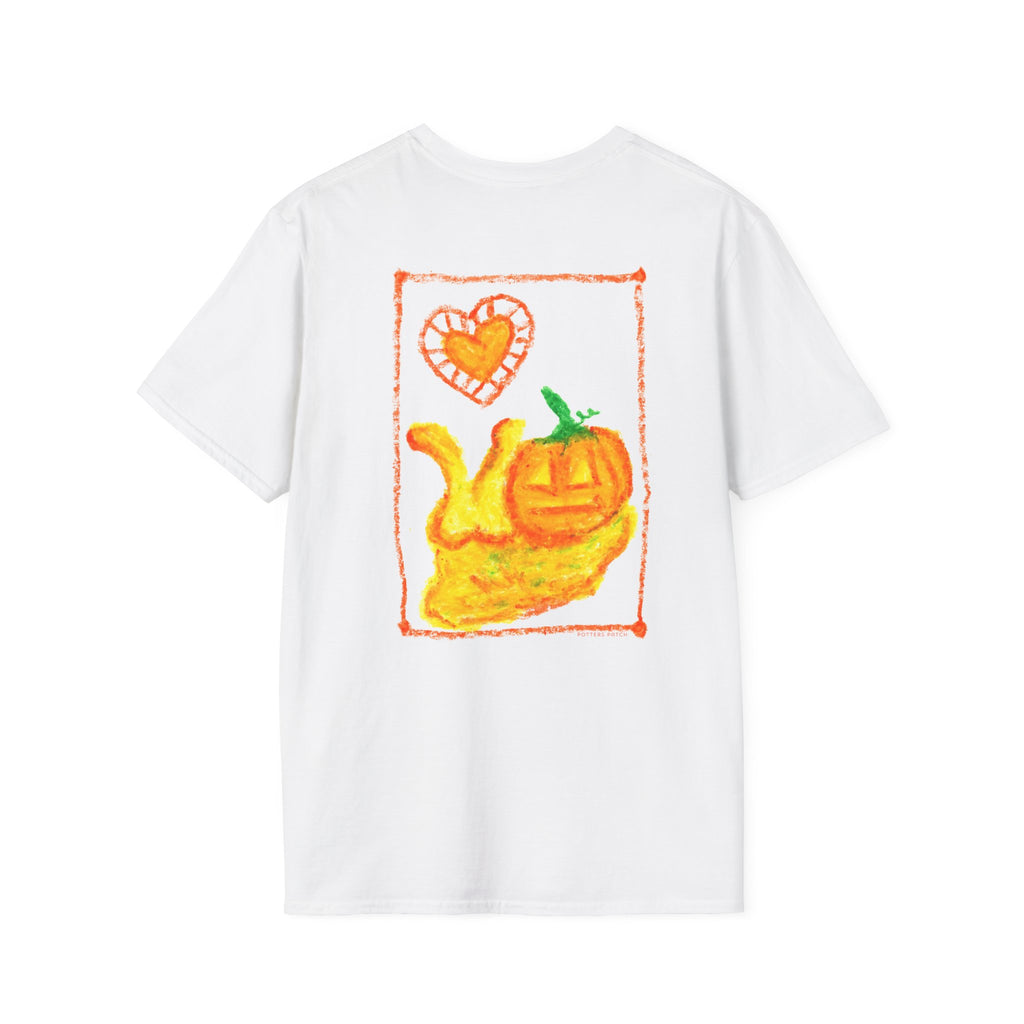 Hand-Drawn Orange Heart Snail T-Shirt — Halloween Snail with Pumpkin Shell