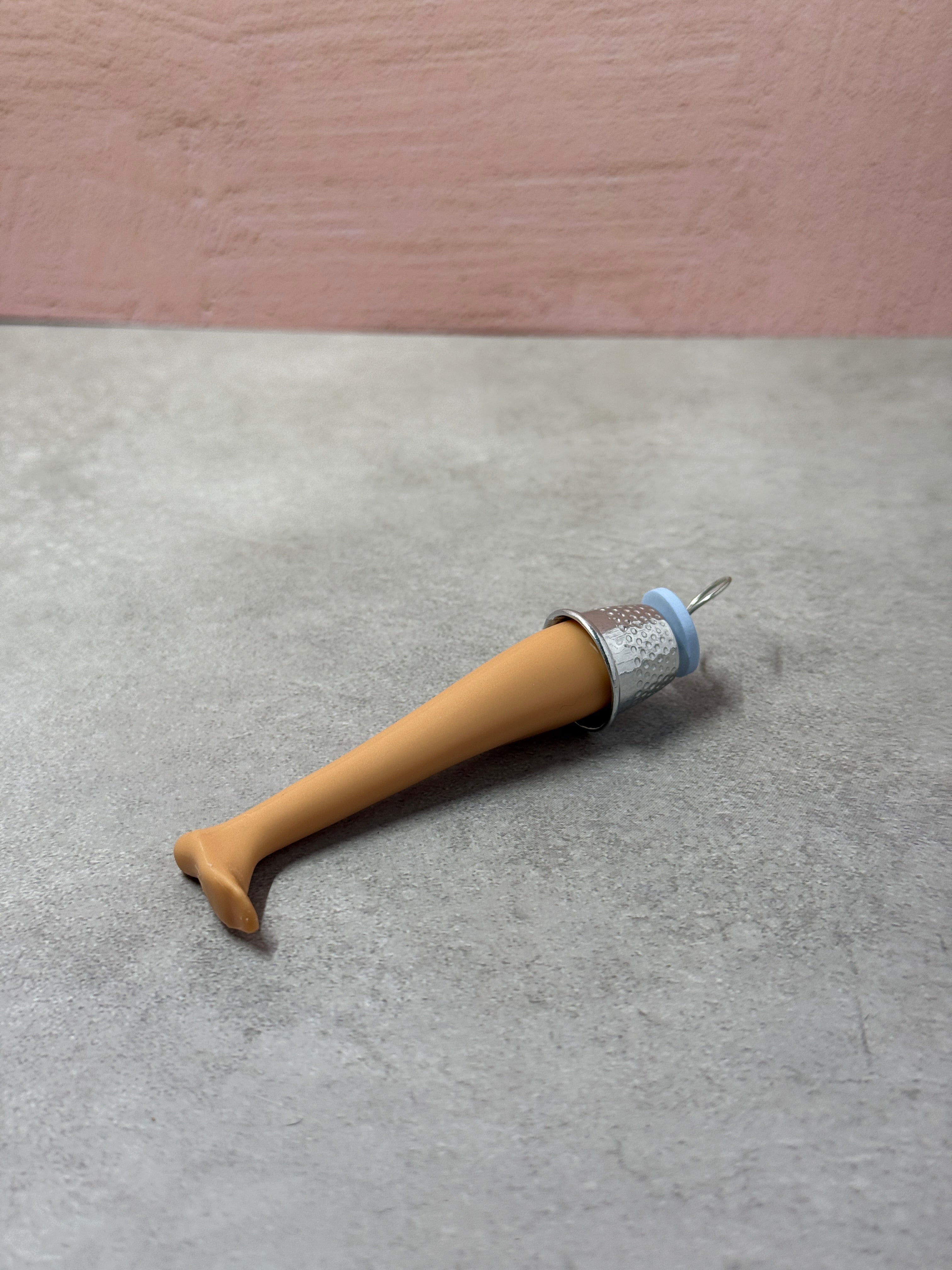 Doll Leg Upcycled Keychain with Thimble and Blue Button